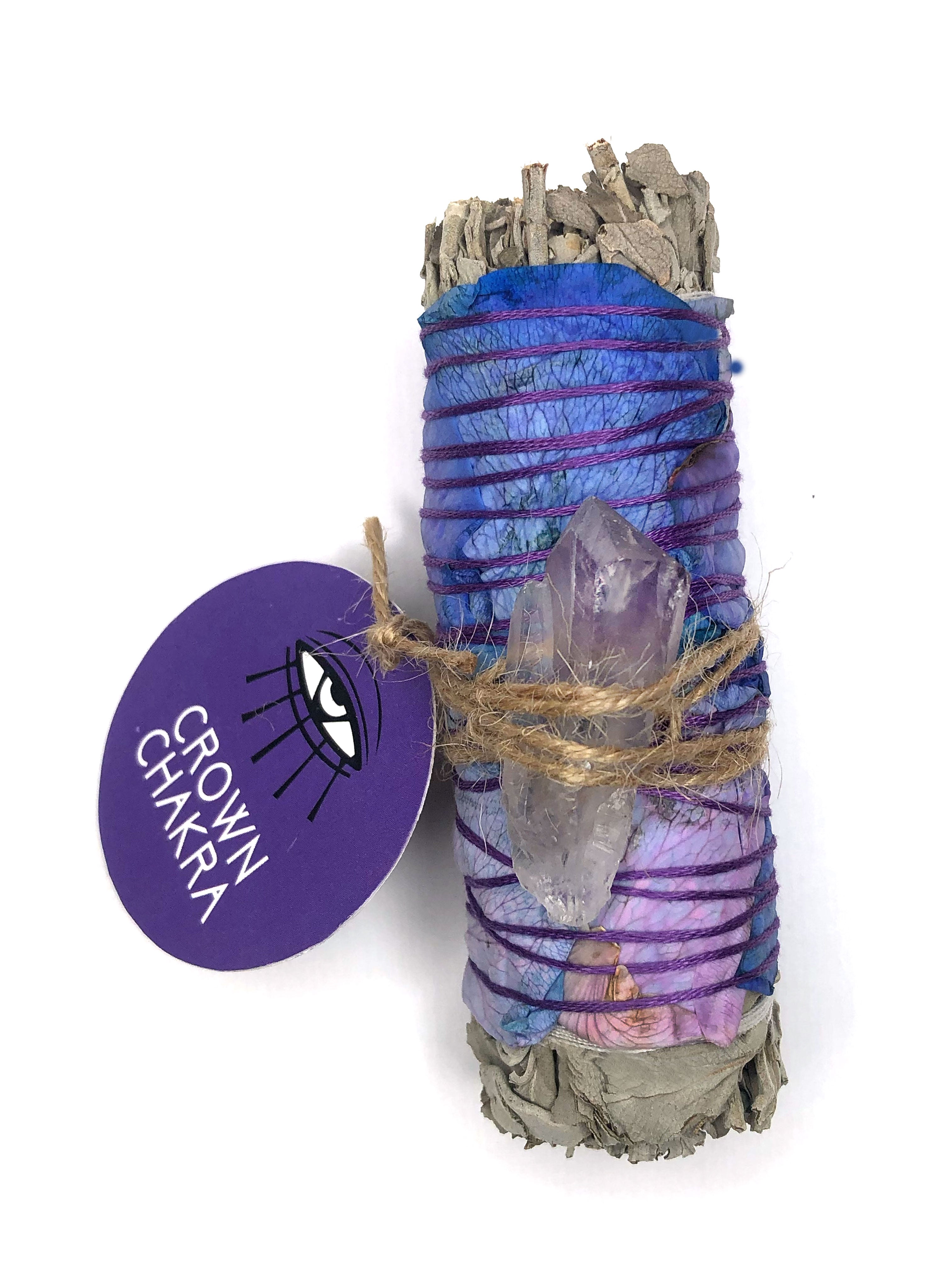 4" white sage smoke cleansing crown chakra smudge bundle wrapped in purple rose petals and amethyst crystal attached