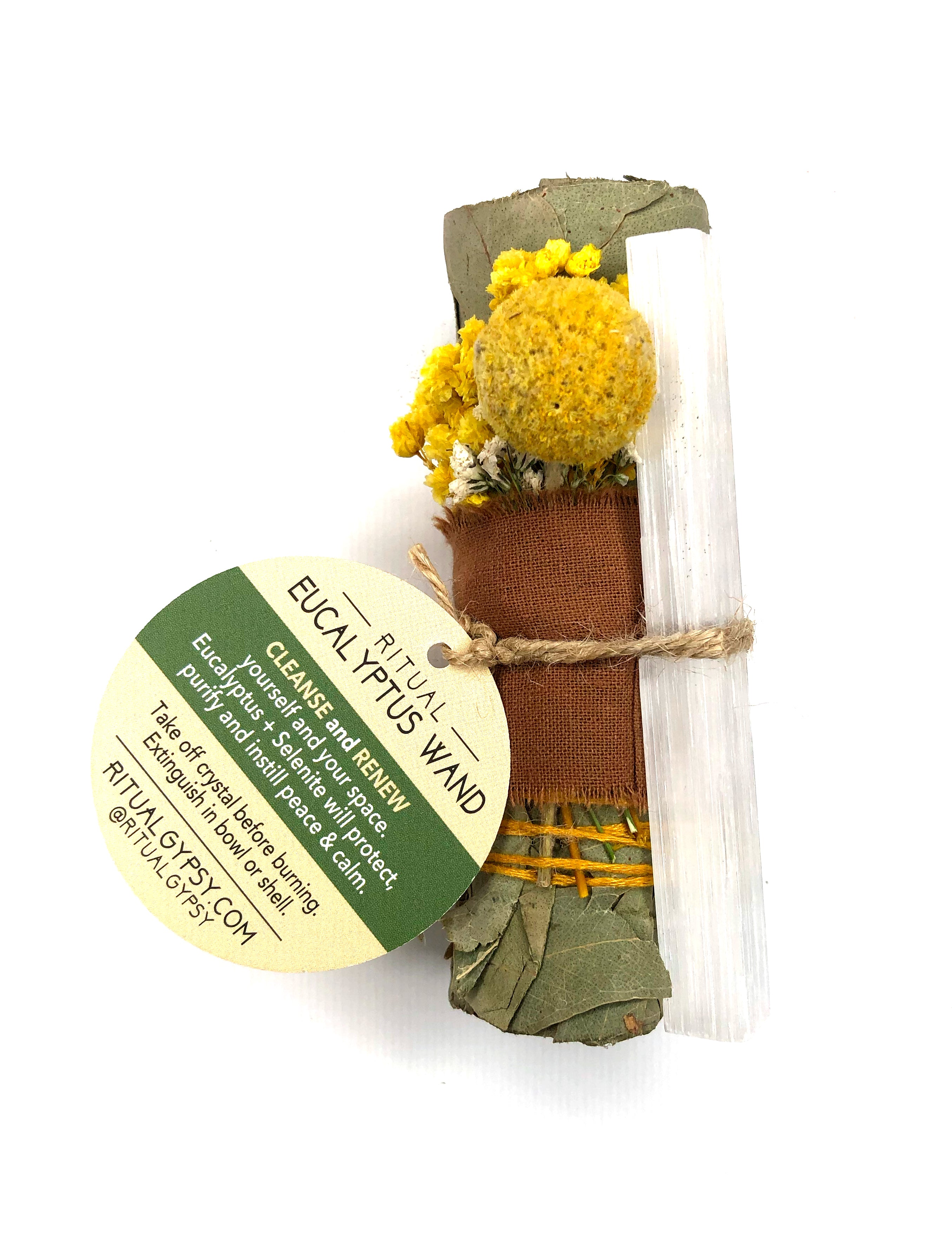 4" Eucalyptus smudge cleansing bundle with yellow billy bob dry flower and a selenite crystal attached for cleansing an renewing your space