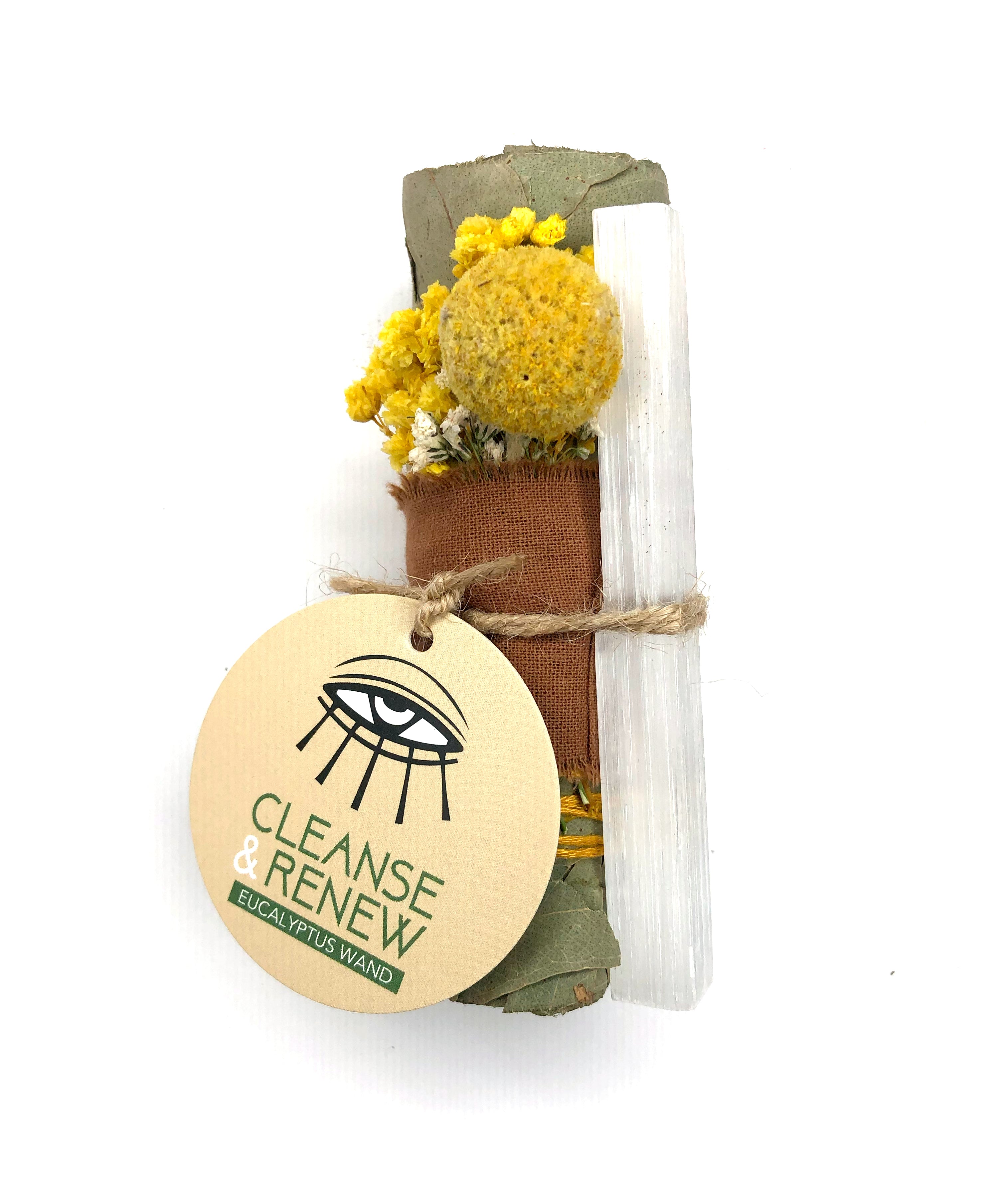 4" Eucalyptus smudge cleansing bundle with yellow billy bob dry flower and a selenite crystal attached for cleansing an renewing your space