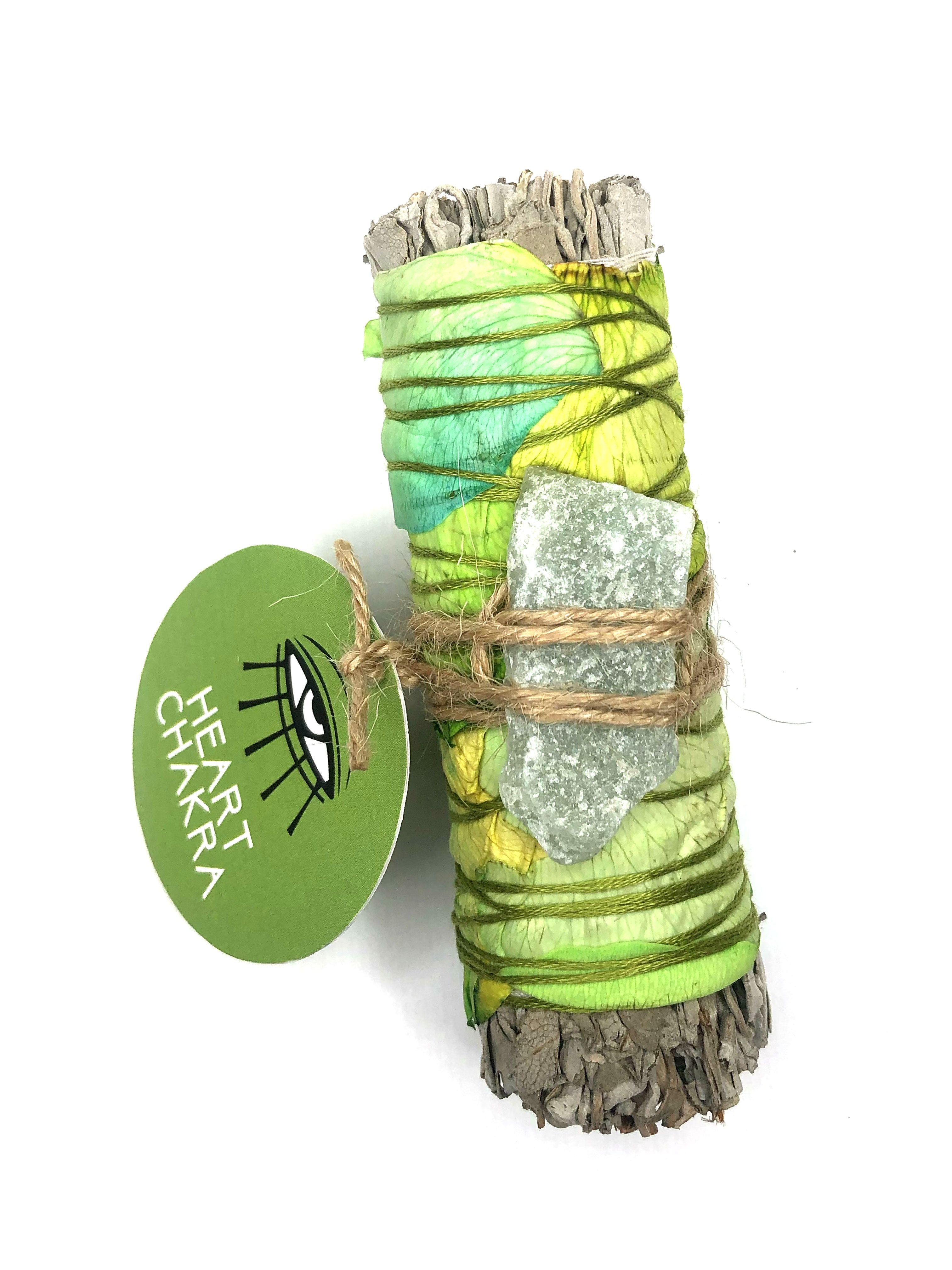 4" white sage bundle wrapped in green rose petals for enhancing your heart chakra with green aventurine crystal attached
