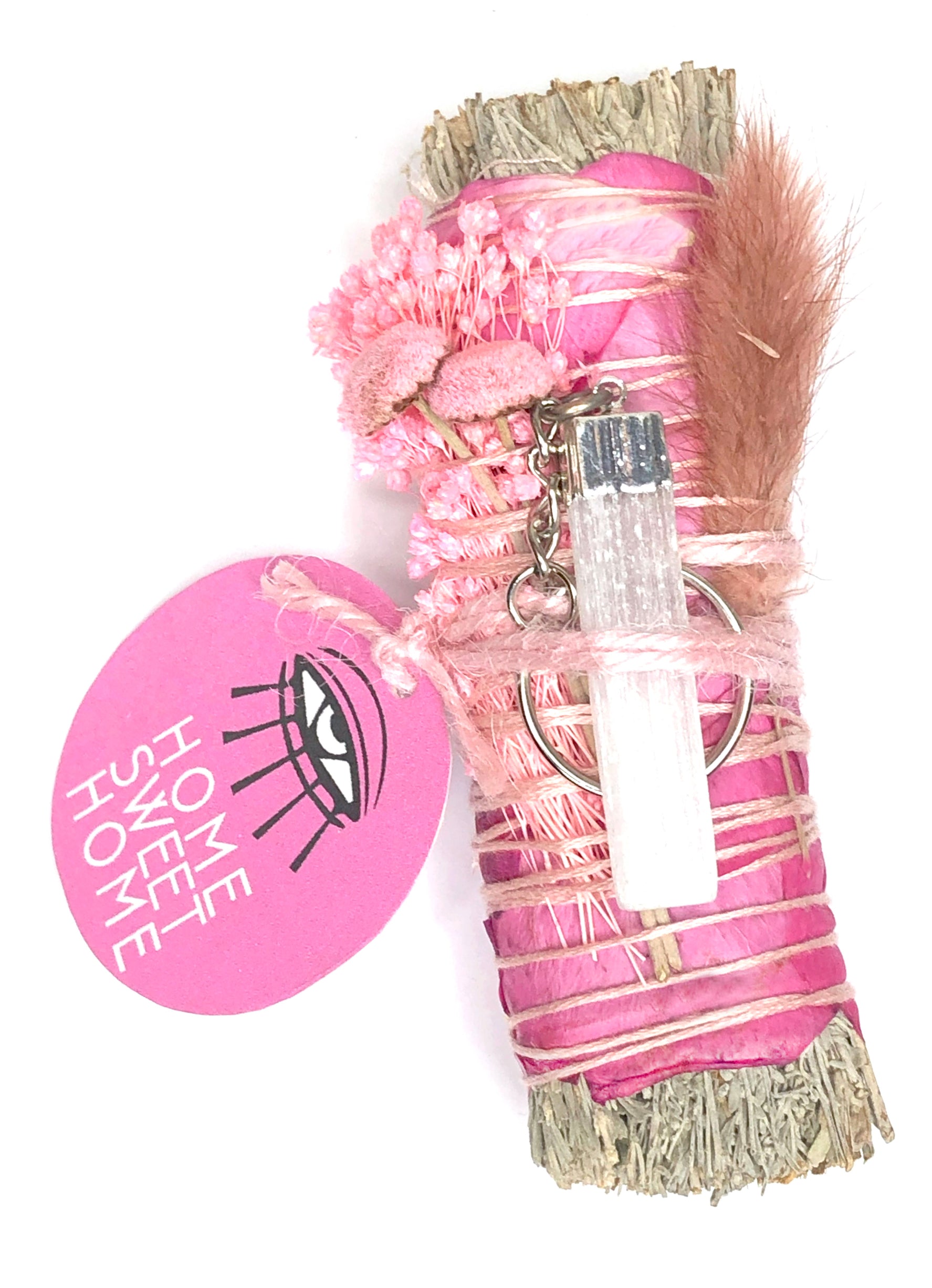 4" blue sage smoke cleansing smudge bundle wrapped in pink rose petals and pink bunny tail and pink buttons and selenite crystal keychain in silver for home sweet home