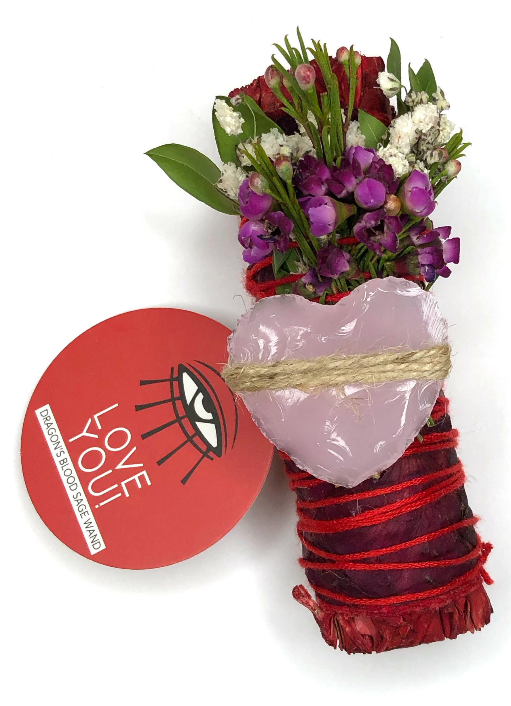 4" dragon's blood sage smoke cleansing smudge bundle with pink wax flowers and white baby's breath and wrapped in red rose petals and pink opalite heart crystal attached for love