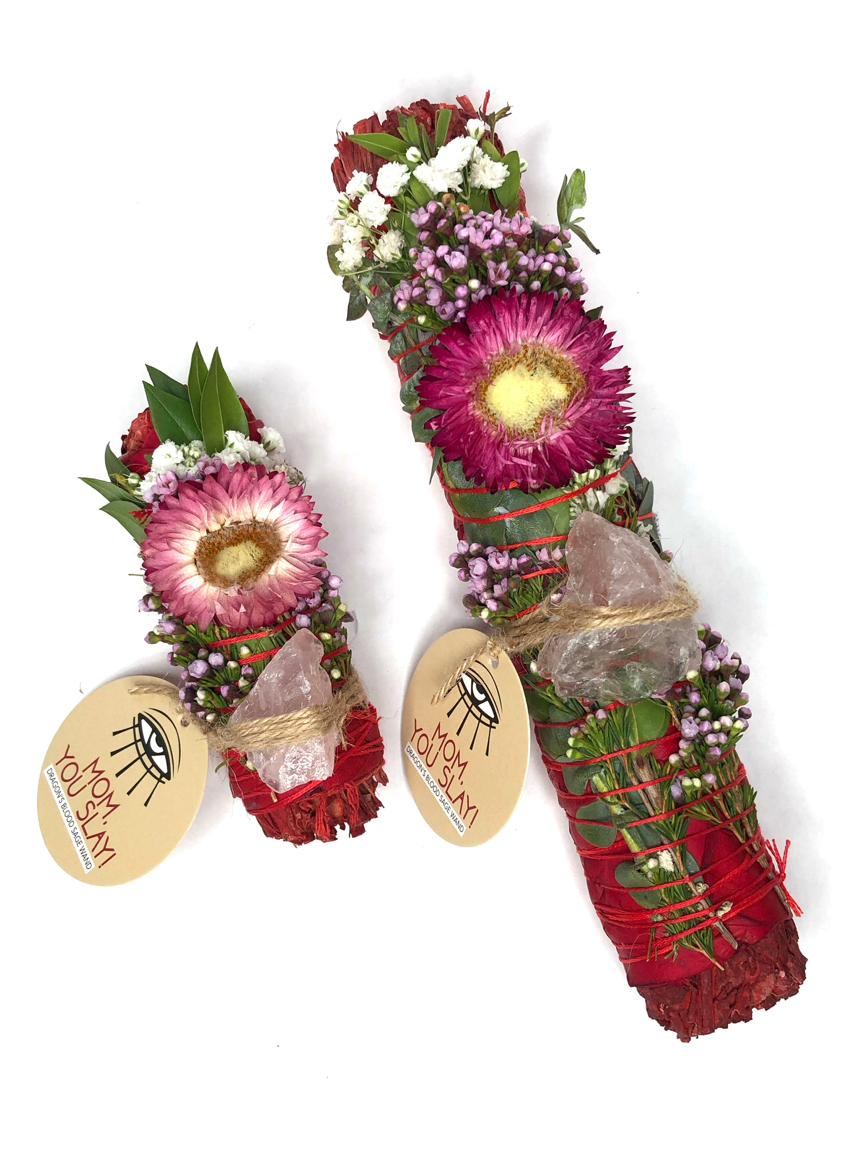 Dragon's Blood Sage Smoke Cleansing Bundle Sticks wrapped in rose petals and florals and pink straw flower and with a rose quartz attached for mothers day