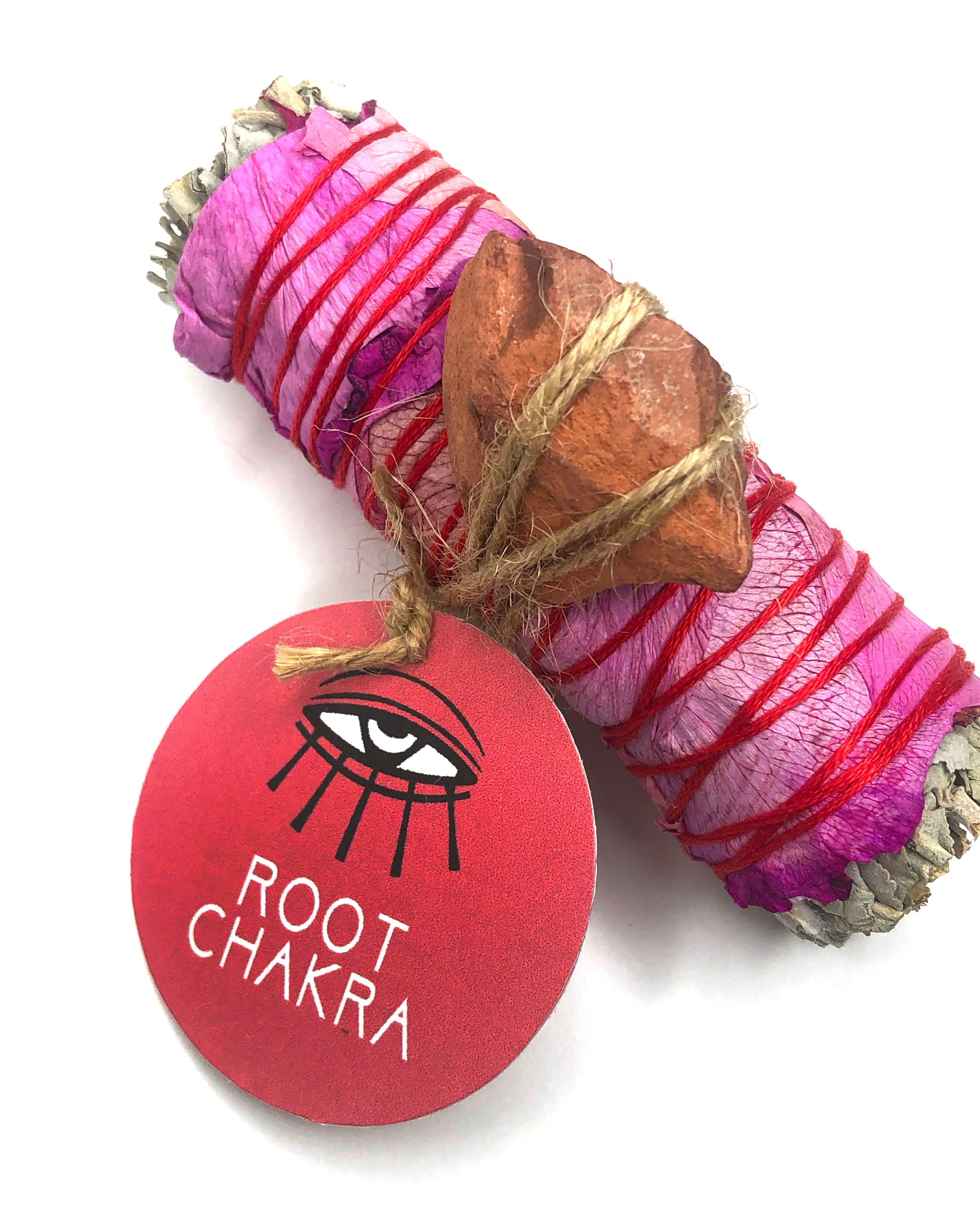 4" white sage smoke cleansing root chakra smudge bundle wrapped in red rose petals and red jasper crystal attached