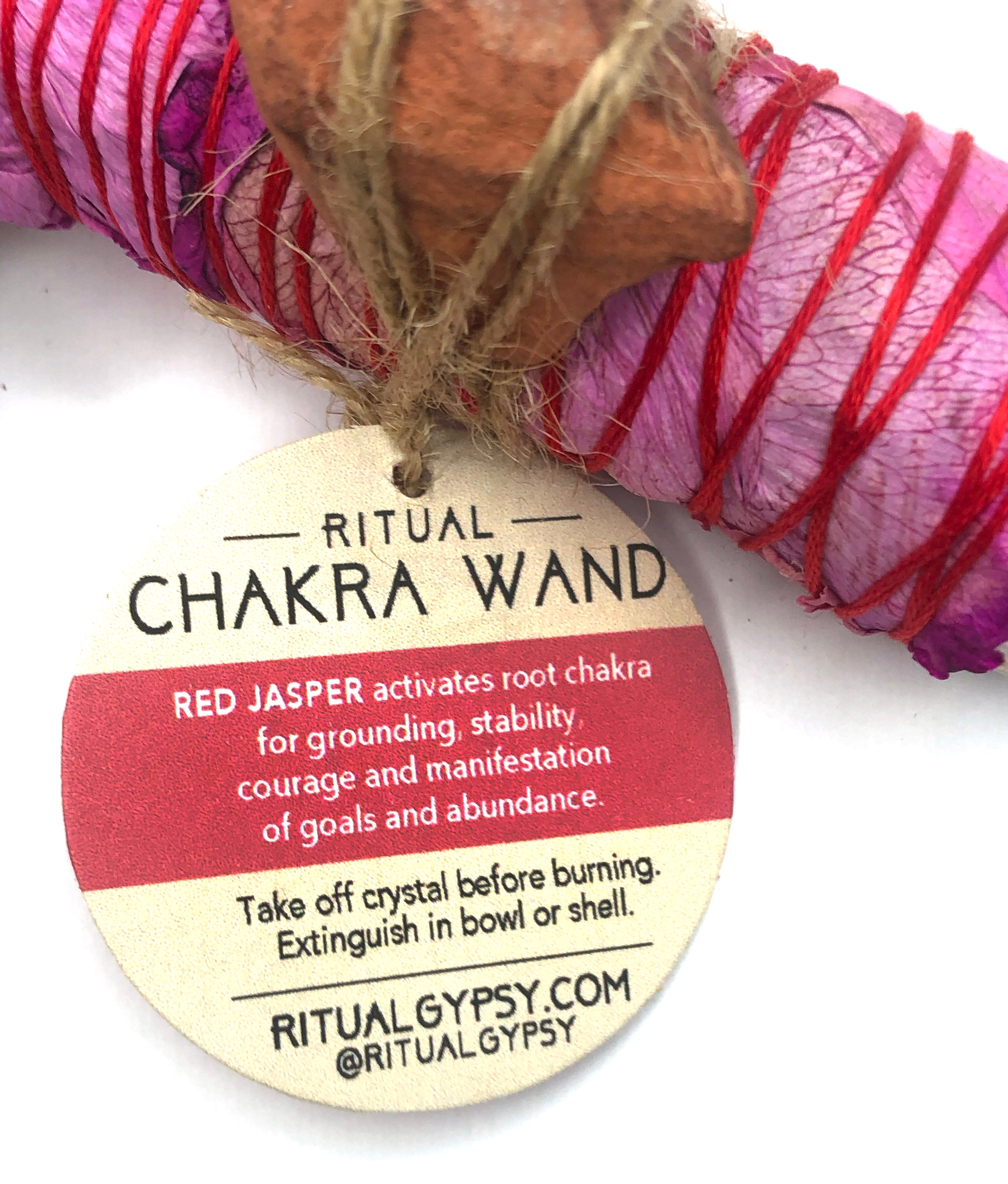 4" white sage smoke cleansing root chakra smudge bundle wrapped in red rose petals and red jasper crystal attached
