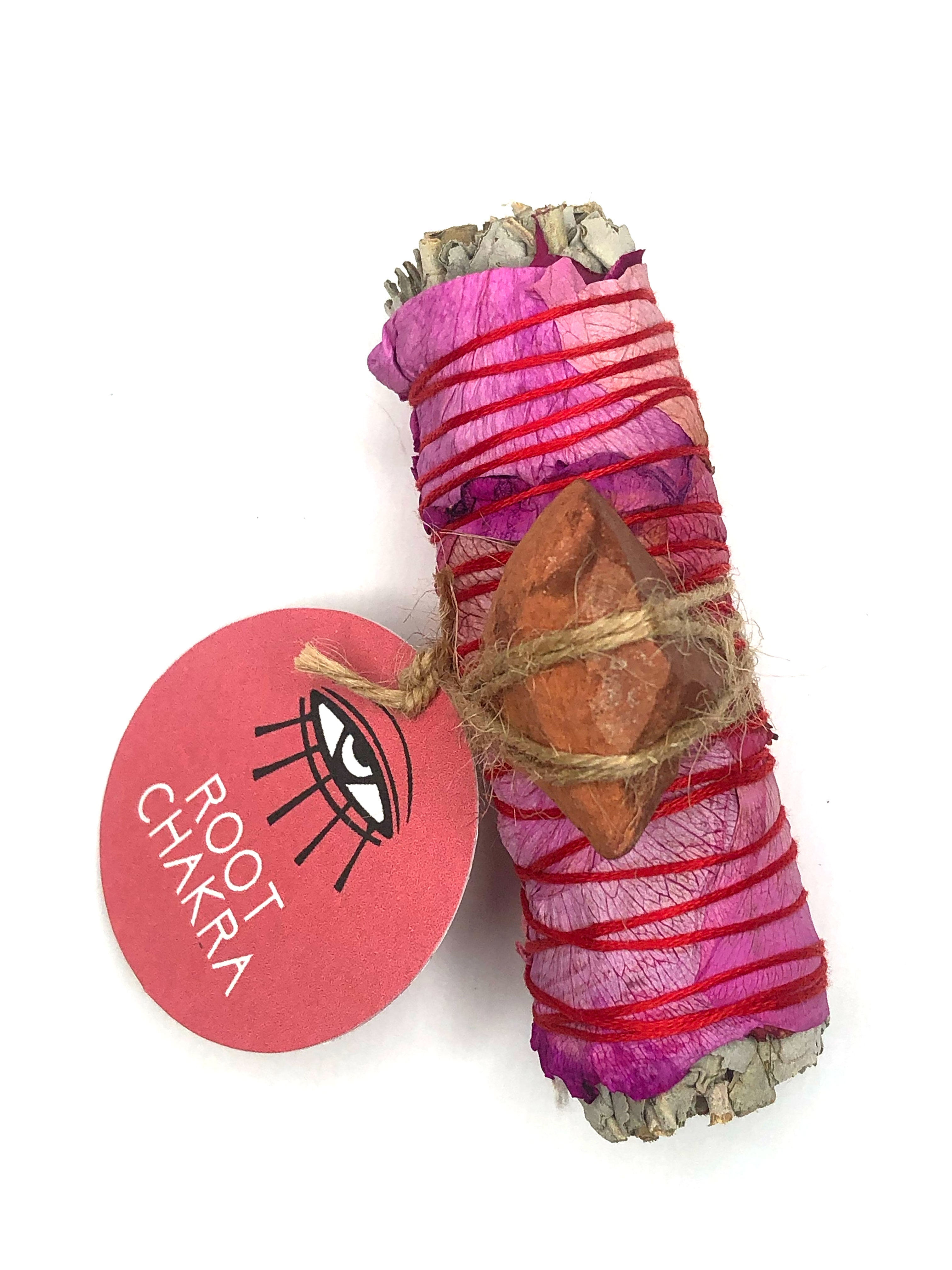 4" white sage smoke cleansing root chakra smudge bundle wrapped in red rose petals and red jasper crystal attached