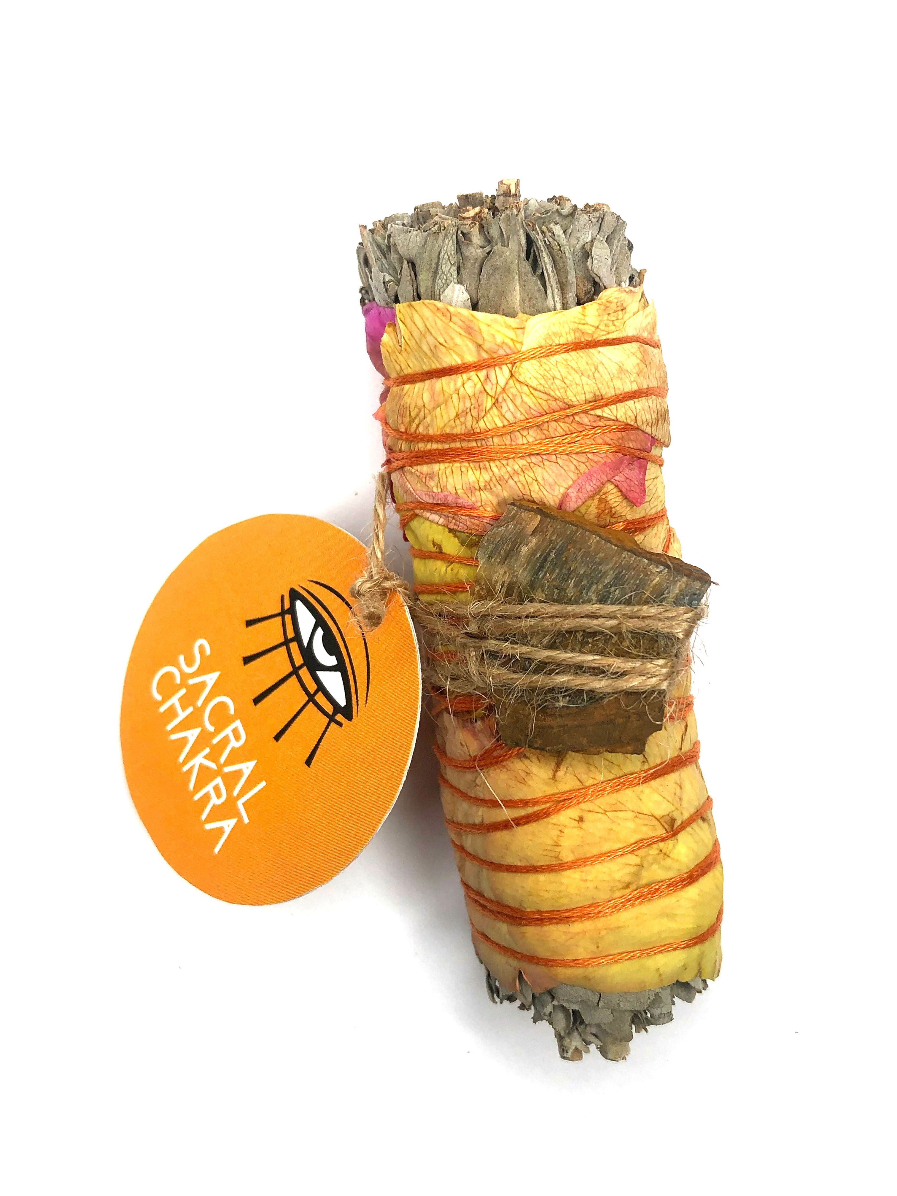 4" white sage smoke cleansing sacral chakra smudge bundle stick wrapped in orange rose petals and with a tiger's eye crystal attached