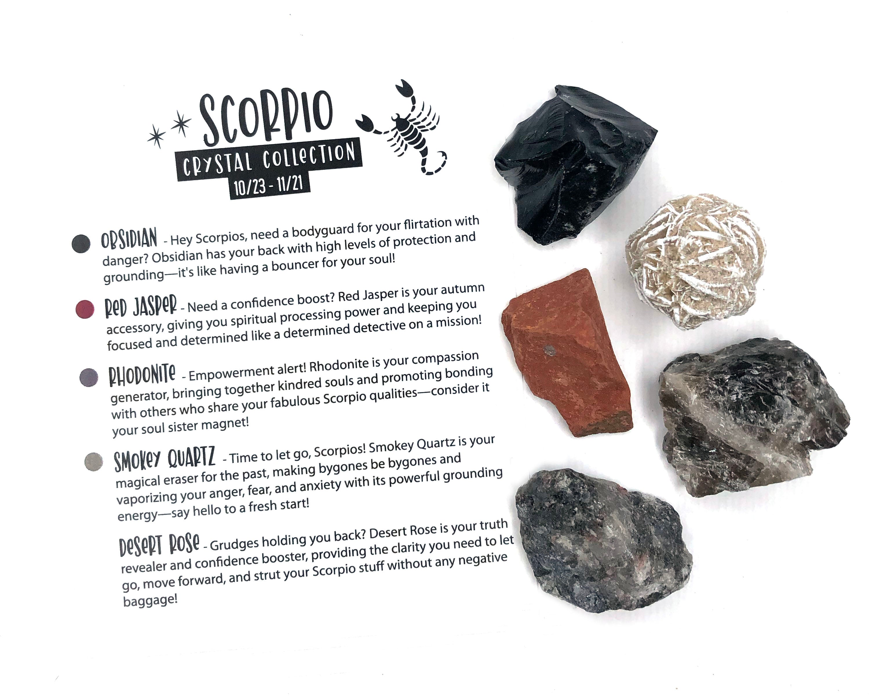 zodiac crystal collection for scorpio zodiac sign includes black obsidian, red jasper, pink rhodonite, gray smokey quartz and white desert rose on white background