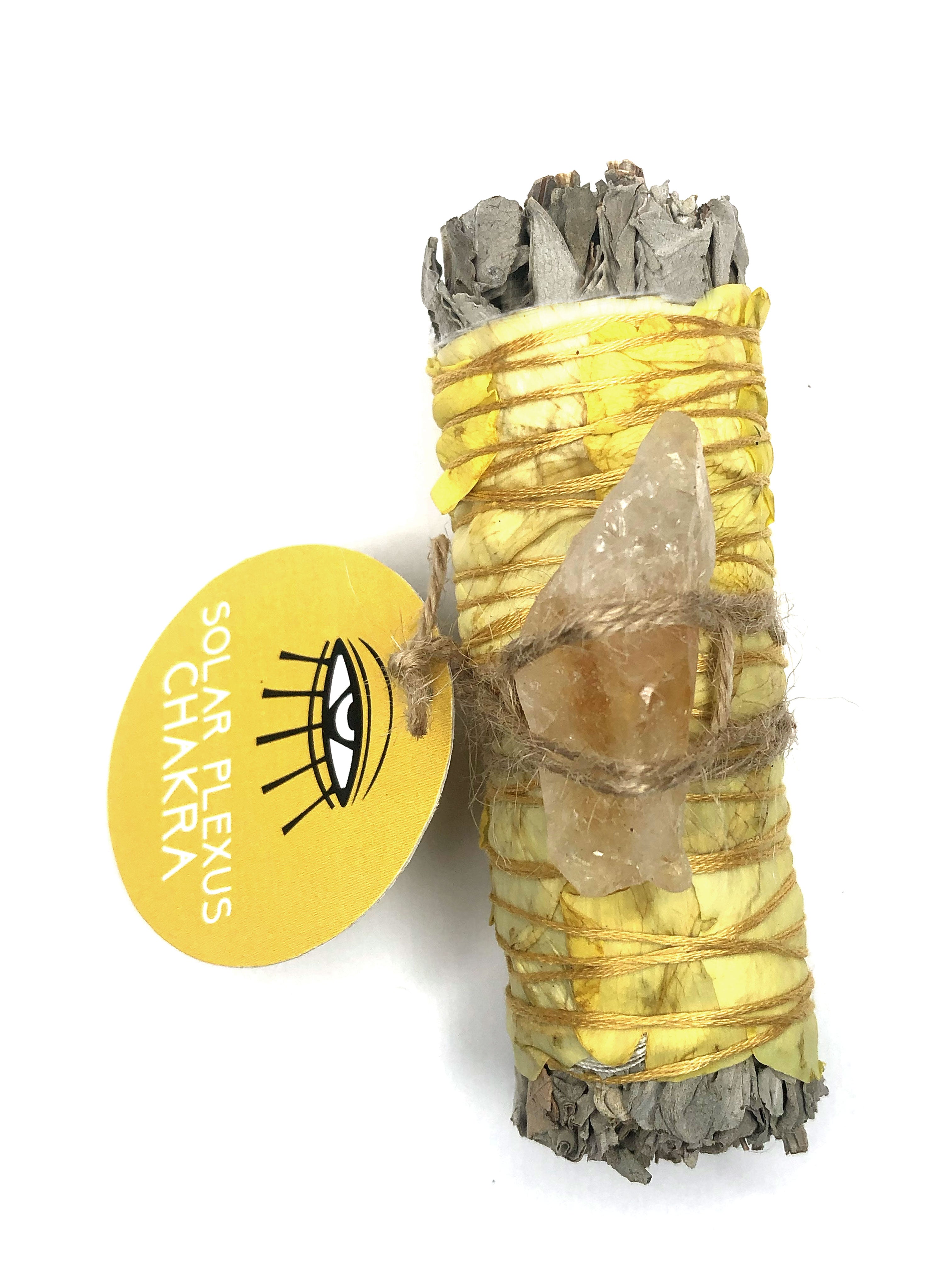 4" white sage smoke cleansing solar plexus chakra smudge bundle wrapped in yellow rose petals and citrine crystal attached