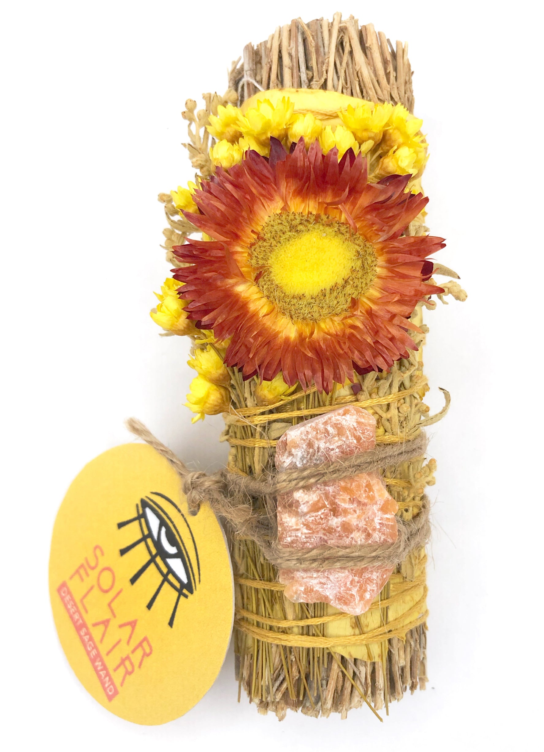 4" solar flair desert sage smoke cleansing smudge bundle stick wrapped in yellow rose petals , red strawflower and sunstone crystal attached