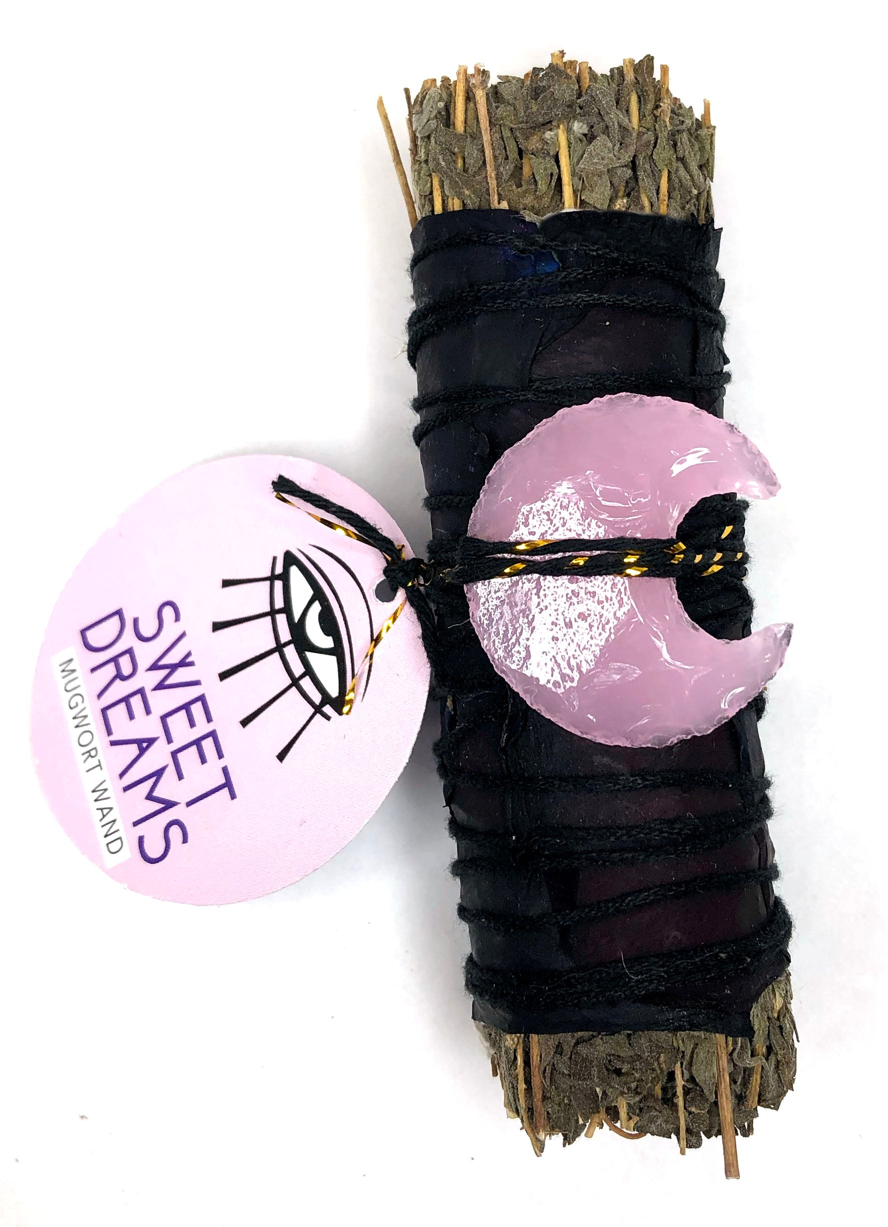 4" mugwort bundle wrapped in black rose petals with a pink crescent shaped moon crystal attached promoting sweet dreams