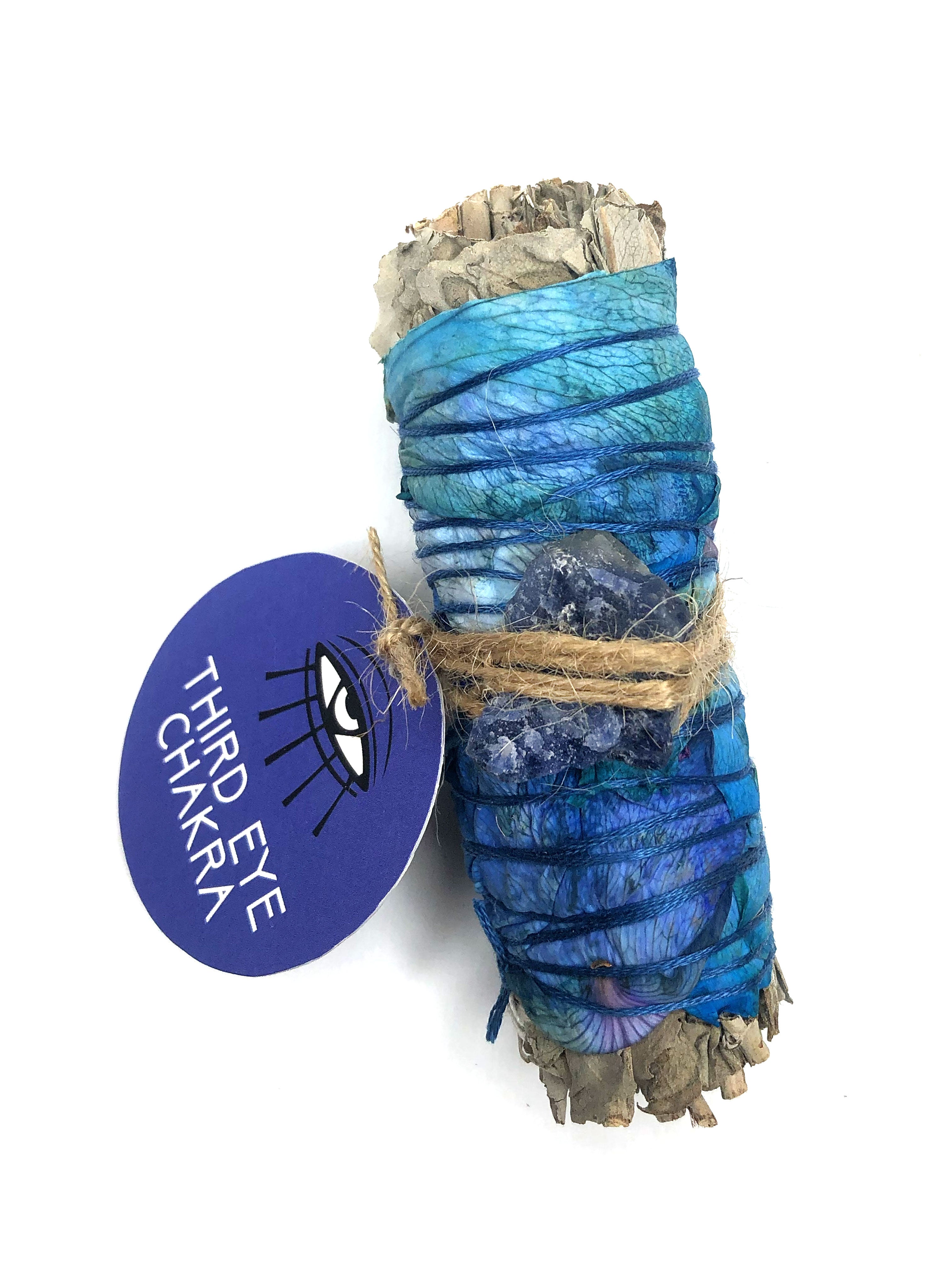 4" white sage third eye chakra smudge smoke cleansing stick wrapped in blue rose petals and with lapis crystal attached