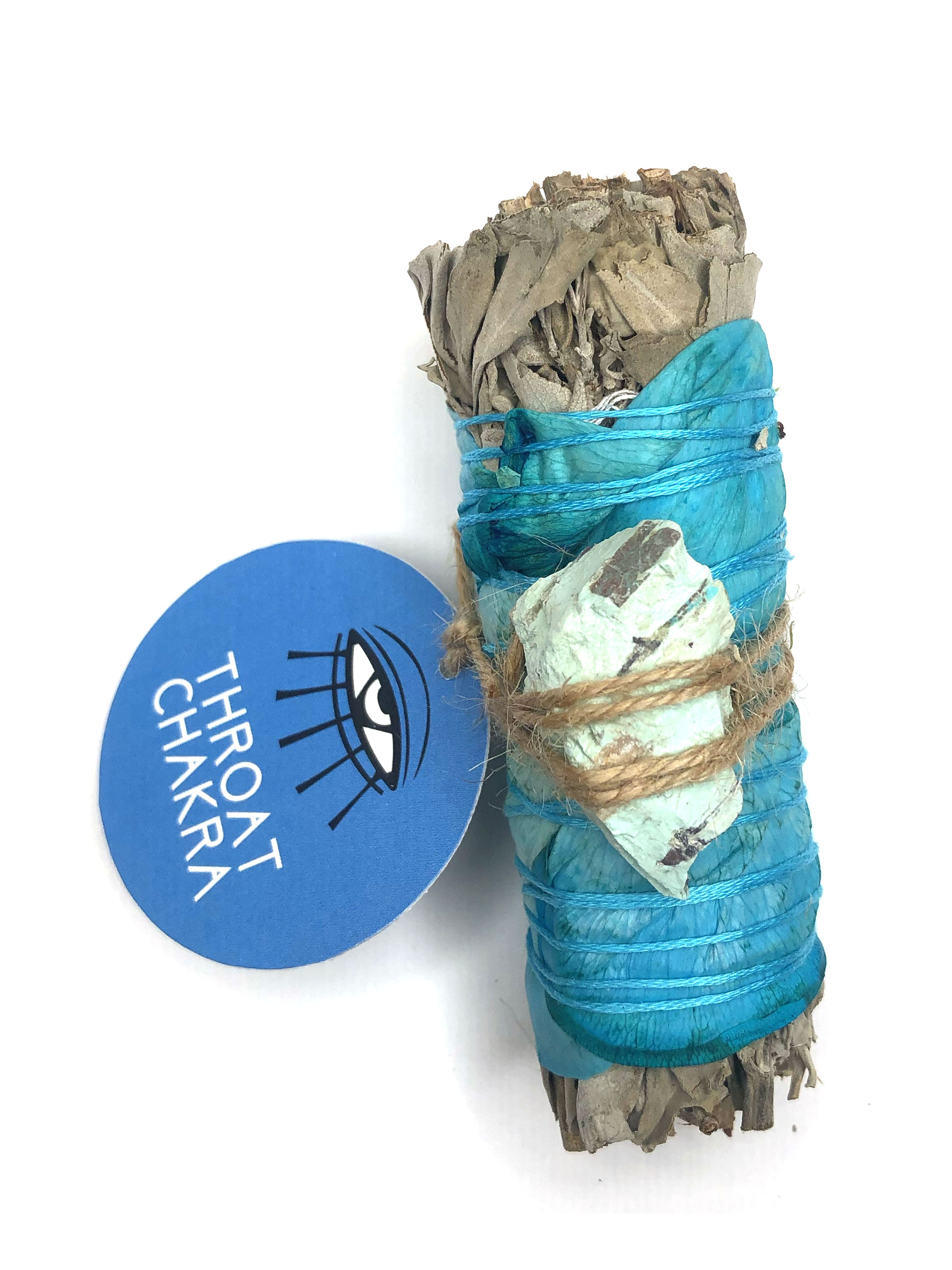 4" white sage smoke cleansing throat chakra smudge bundle wrapped in sky blue rose petals and turquoise crystal attached