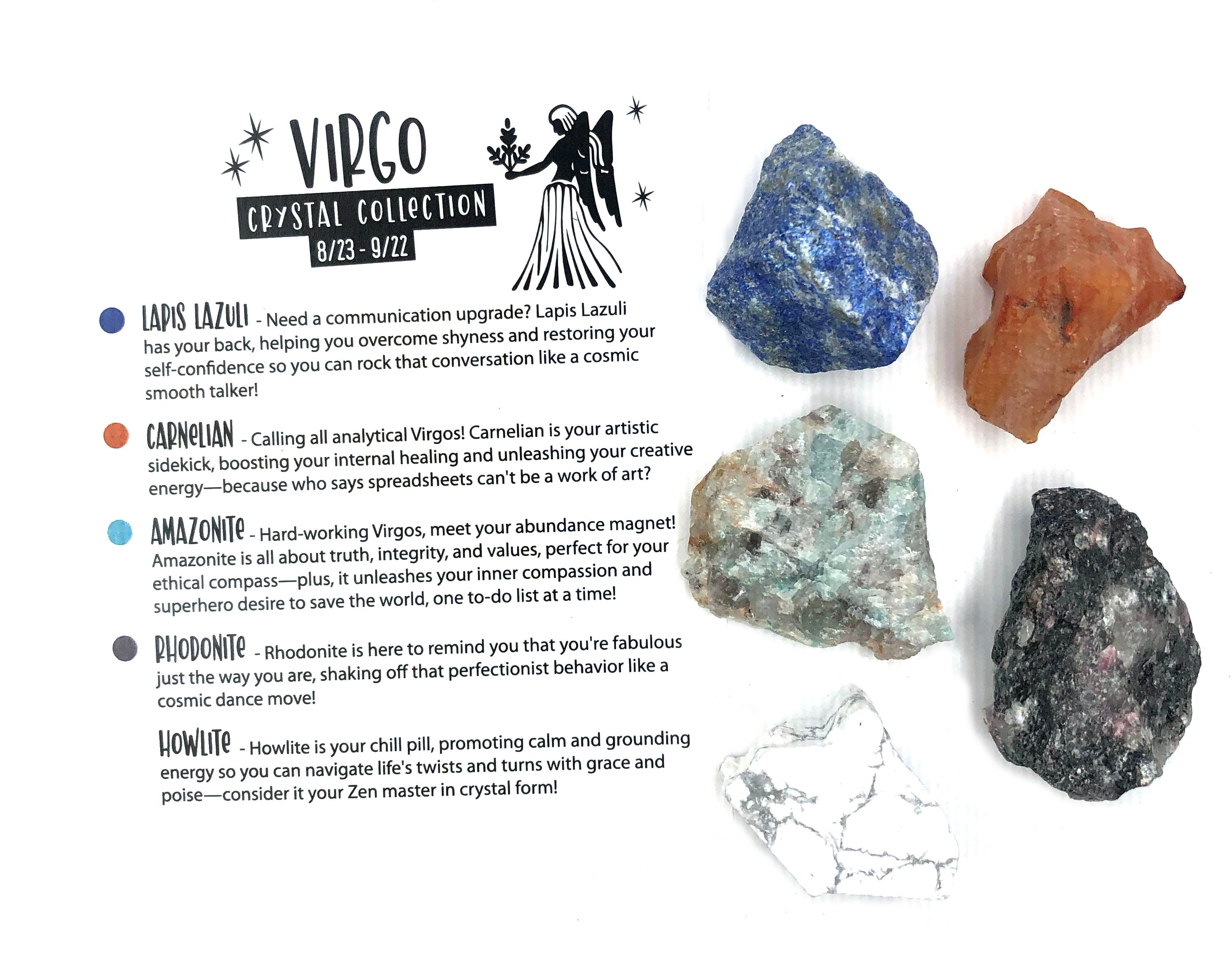 zodiac crystal collection for virgo zodiac sign includes blue lapis lazuli, red carnelian, blue amazonite, pink rhodonite and white howlite on white background