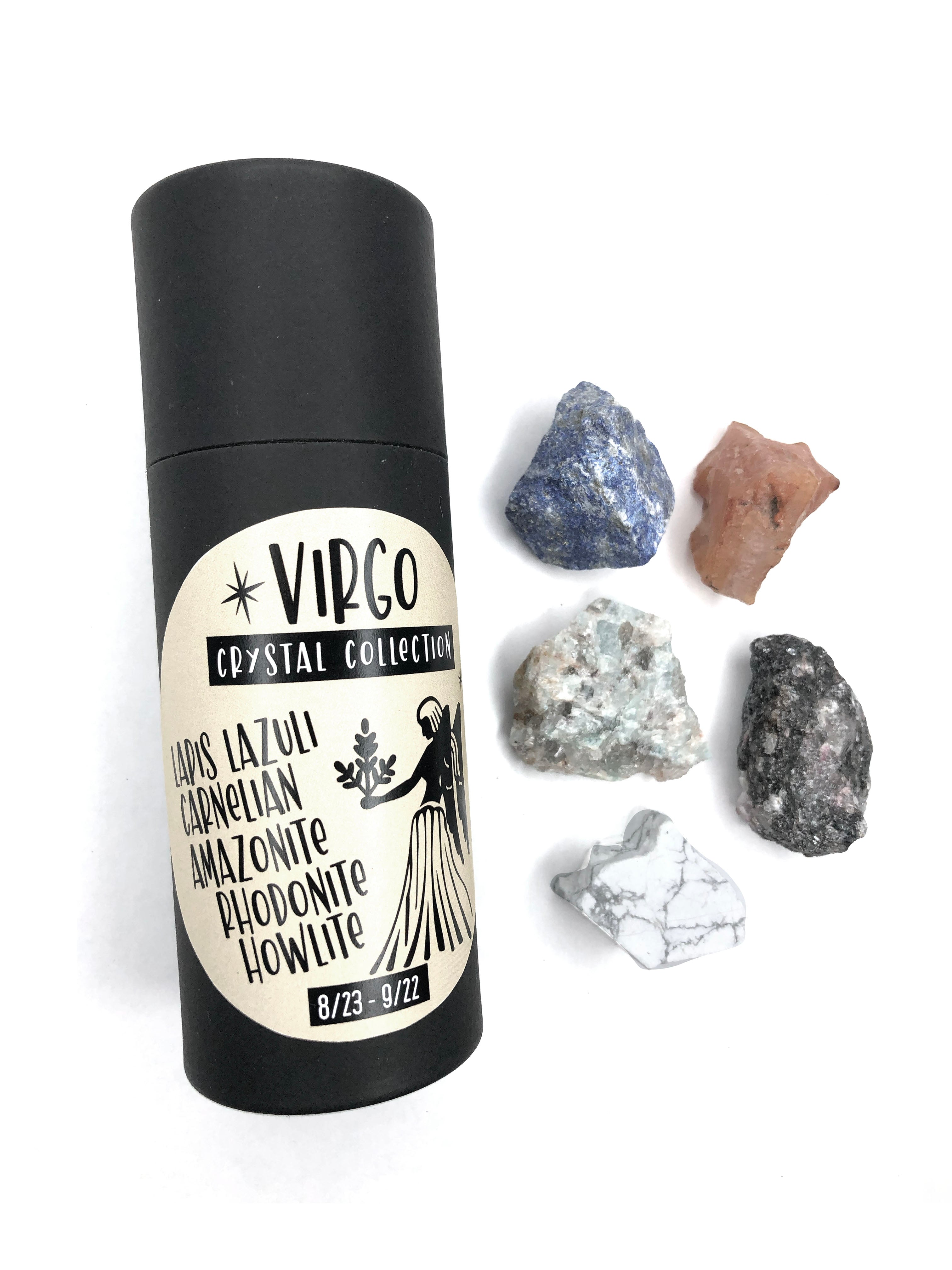 zodiac crystal collection for virgo zodiac sign includes blue lapis lazuli, red carnelian, blue amazonite, pink rhodonite and white howlite on white background