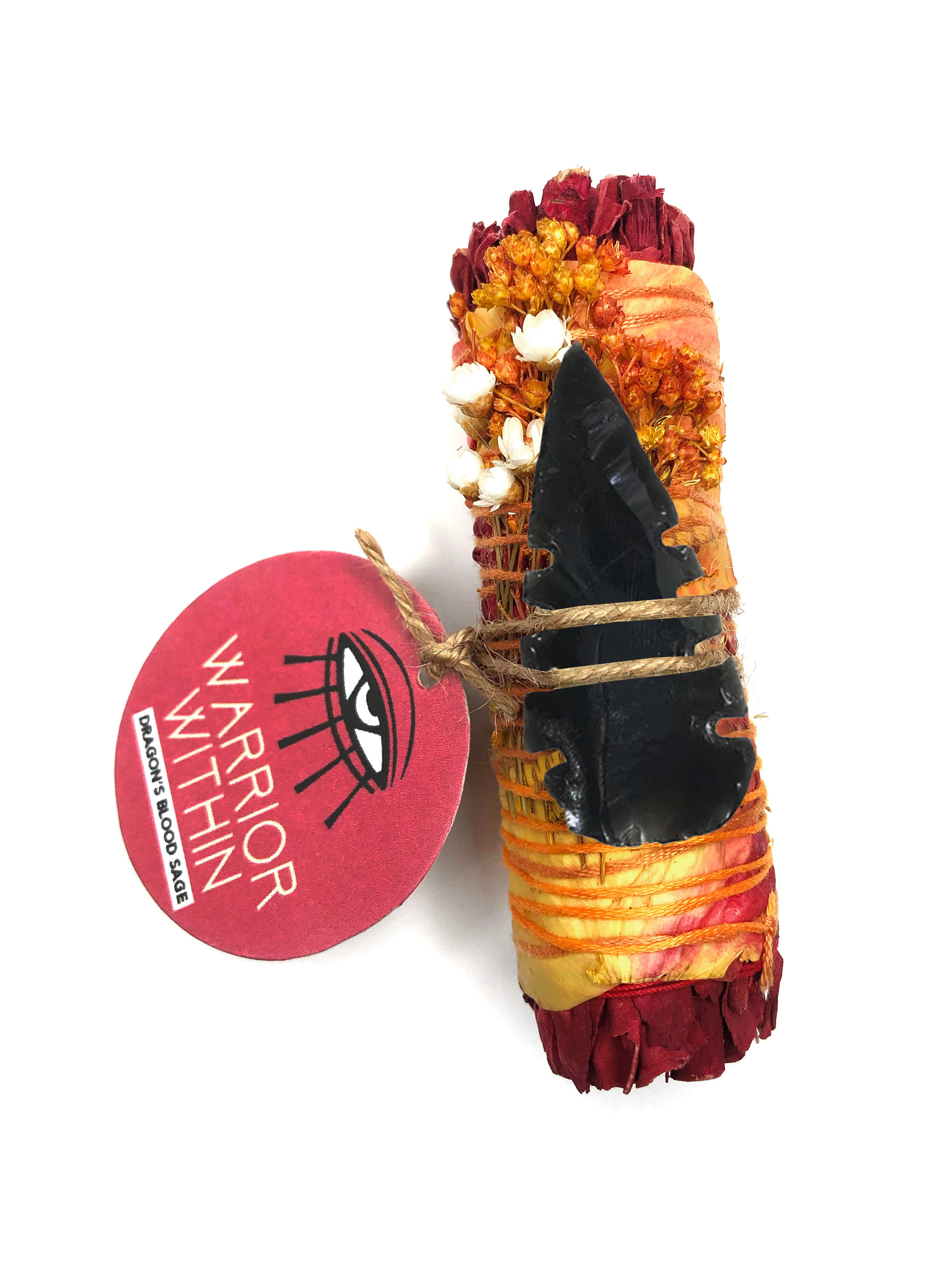 4" warrior within dragon's blood sage smoke cleansing smudge bundle wrapped in yellow rose petals with red thread and black obsidian arrowhead crystal attached