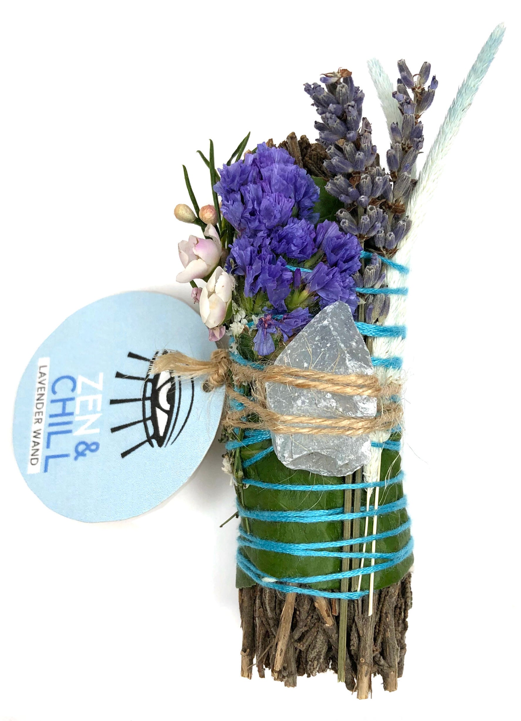 4" lavender smoke cleansing smudge stick bundle with blue purple statice flower, fresh lavender, wax flowers, blue rat tails and blue round tag that says zen and chill