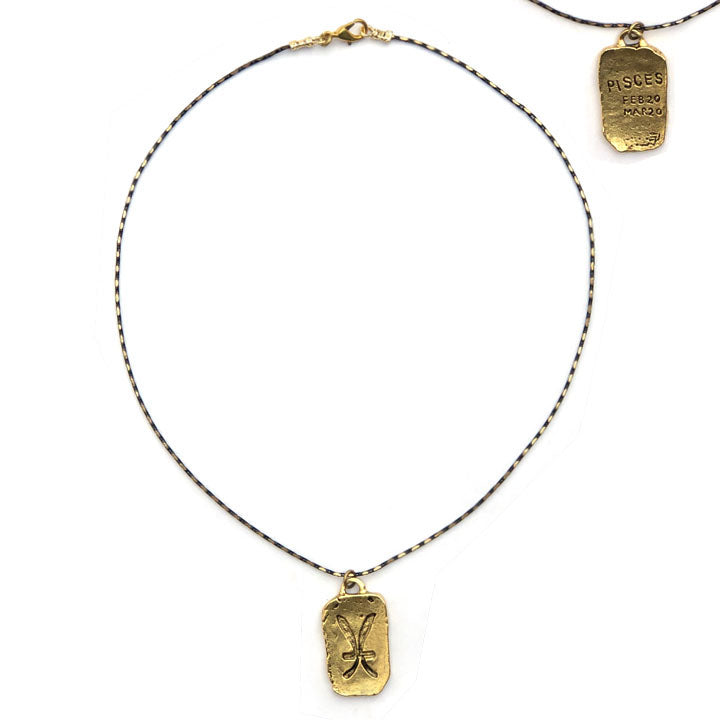 24K Gold Plated Zodiac Charm Necklace with Pisces symbol hanging from 2-tone brass snake chain