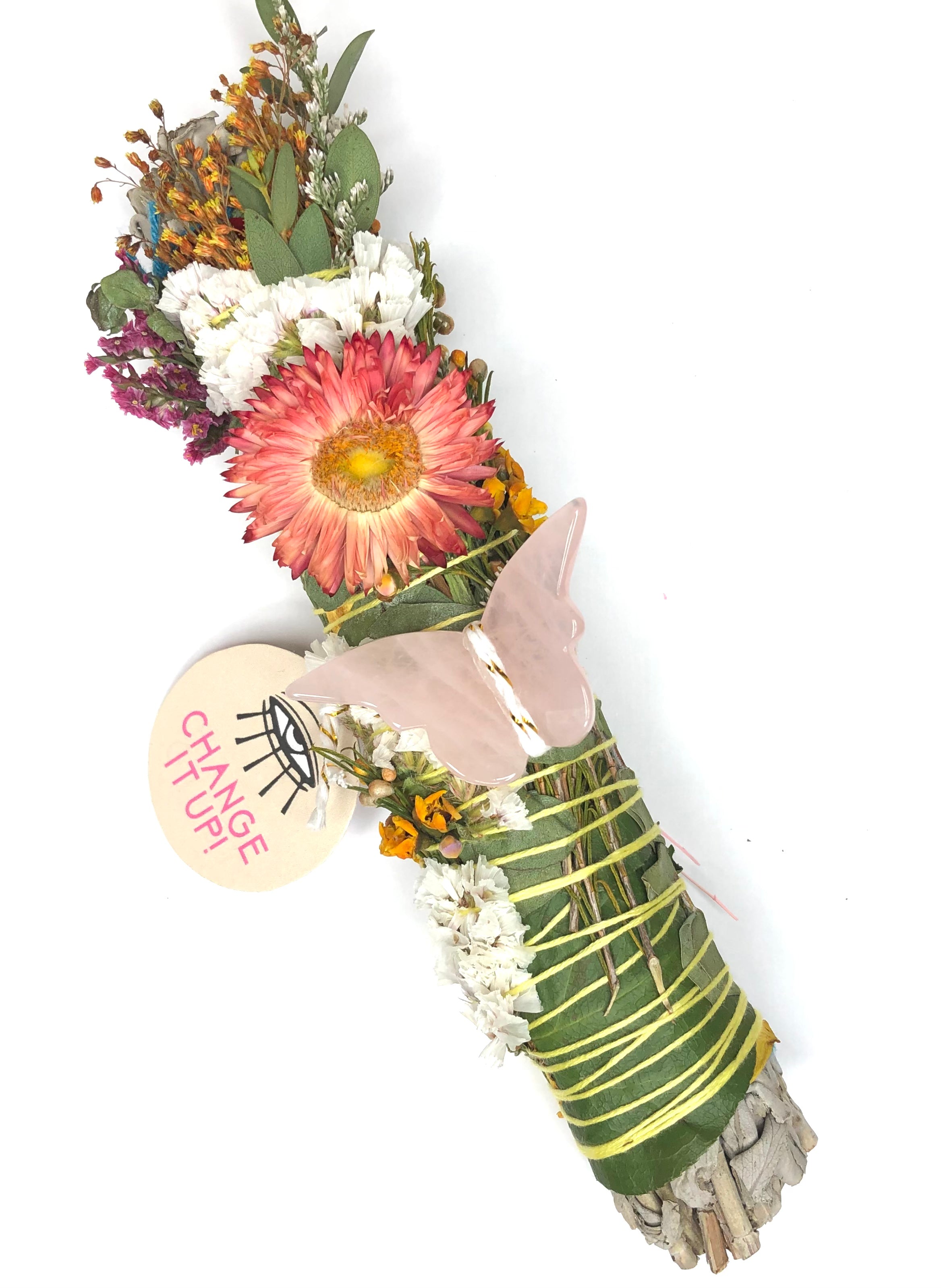 Large 9" white sage bundle wrapped in florals with a pink rose quartz butterfly attached to enhance and promote positive transformative change