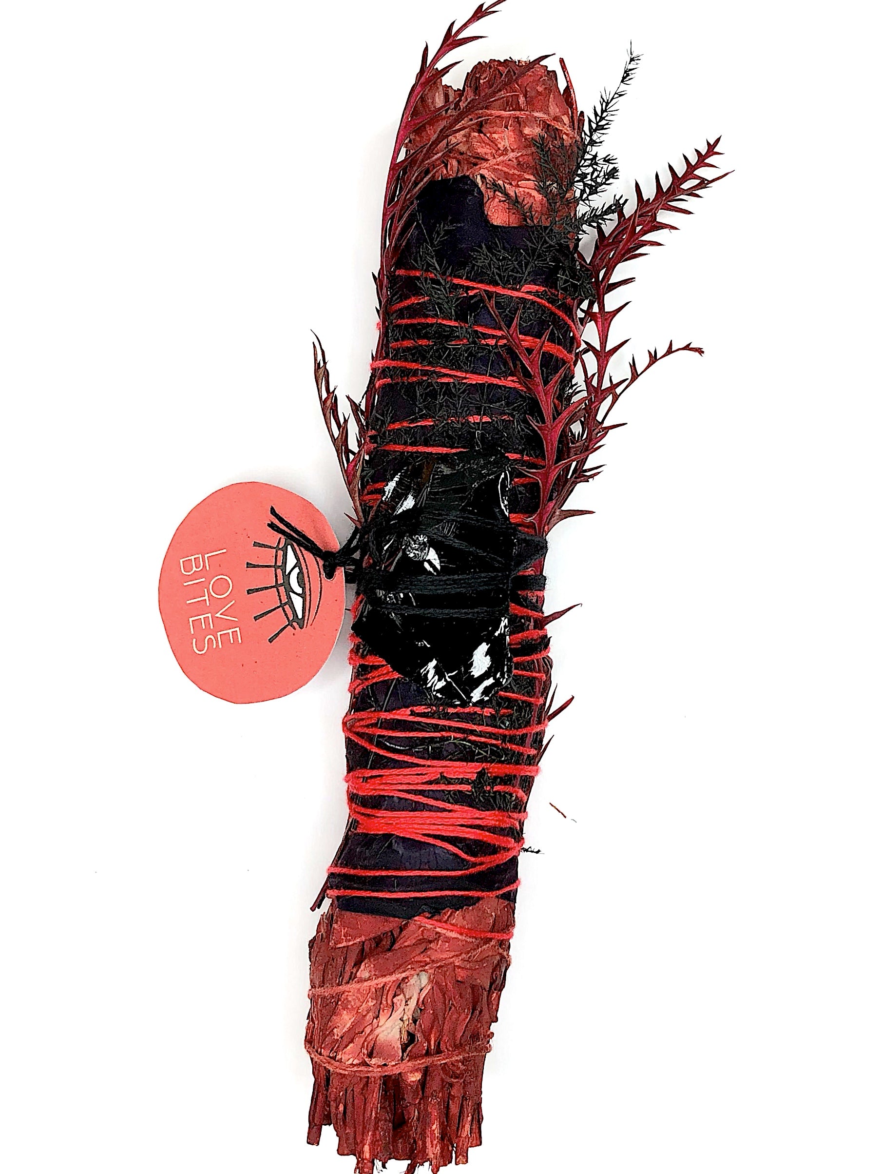 large 9" dragon's blood sage smoke cleansing smudge bundle with black rose petals, spike red dried florals and a large obsidian crystal attached for love that bites
