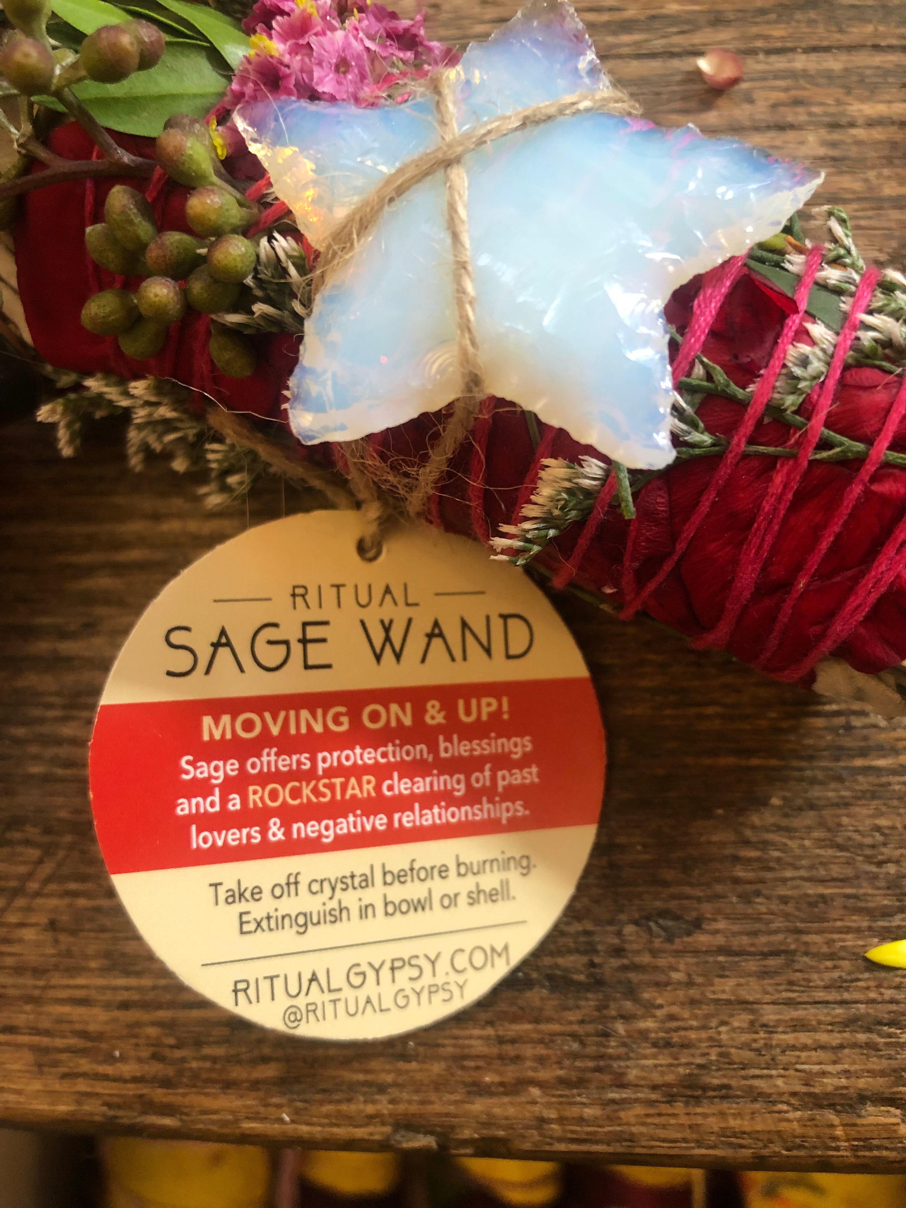 4" white sage smudge cleansing bundle with eucalyptus and florals with white opalite crystal star attached to promote positivity, protection, blessings and a rockstar clearing of past lovers and negative relationships