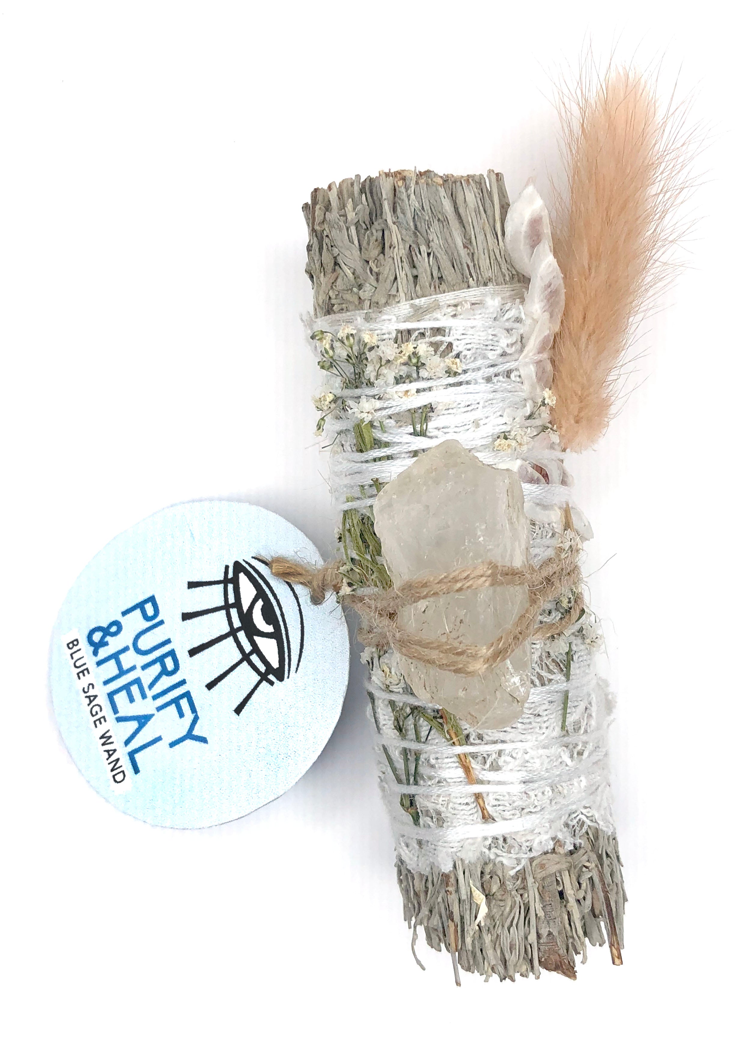 4" blue sage smoke cleaning smudge bundle wrapped in white lace with baby's breath and white bunny tail and girasol opal attached to promote purity and healing
