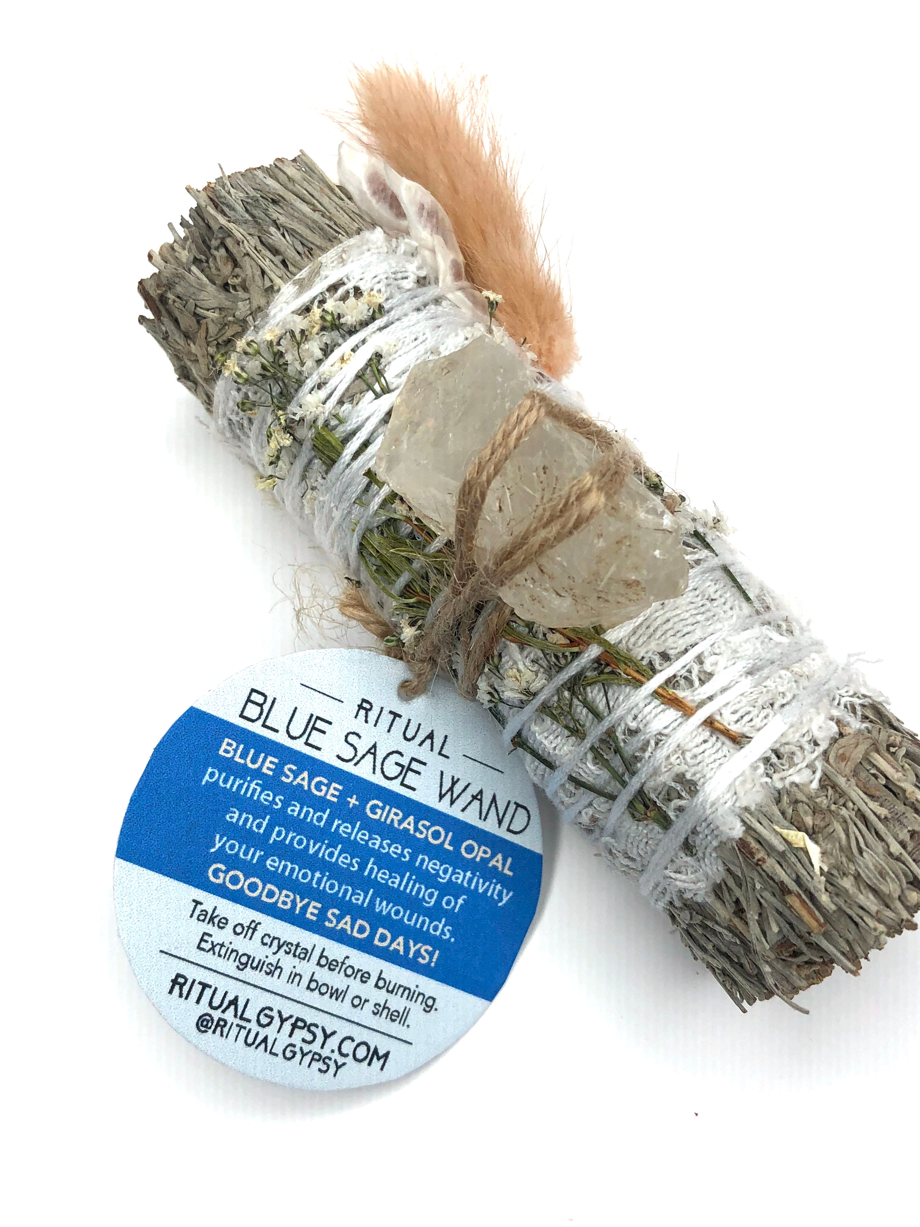4" blue sage smoke cleaning smudge bundle wrapped in white lace with baby's breath and white bunny tail and girasol opal attached to promote purity and healing