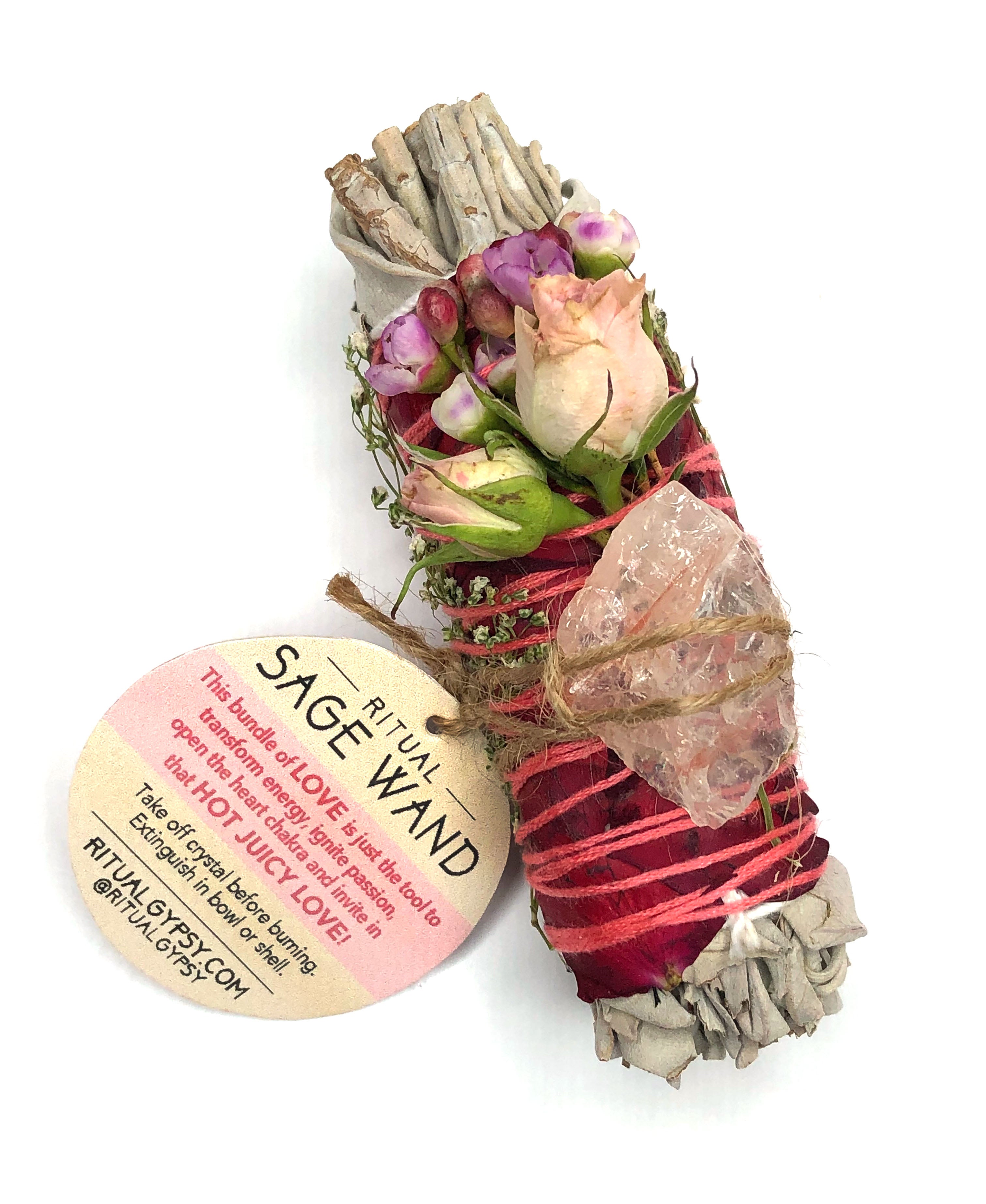 4" white sage bundle wrapped in red rose petal with mini roses and fire quartz crystal to enhance love, heart chakra, energy and passion