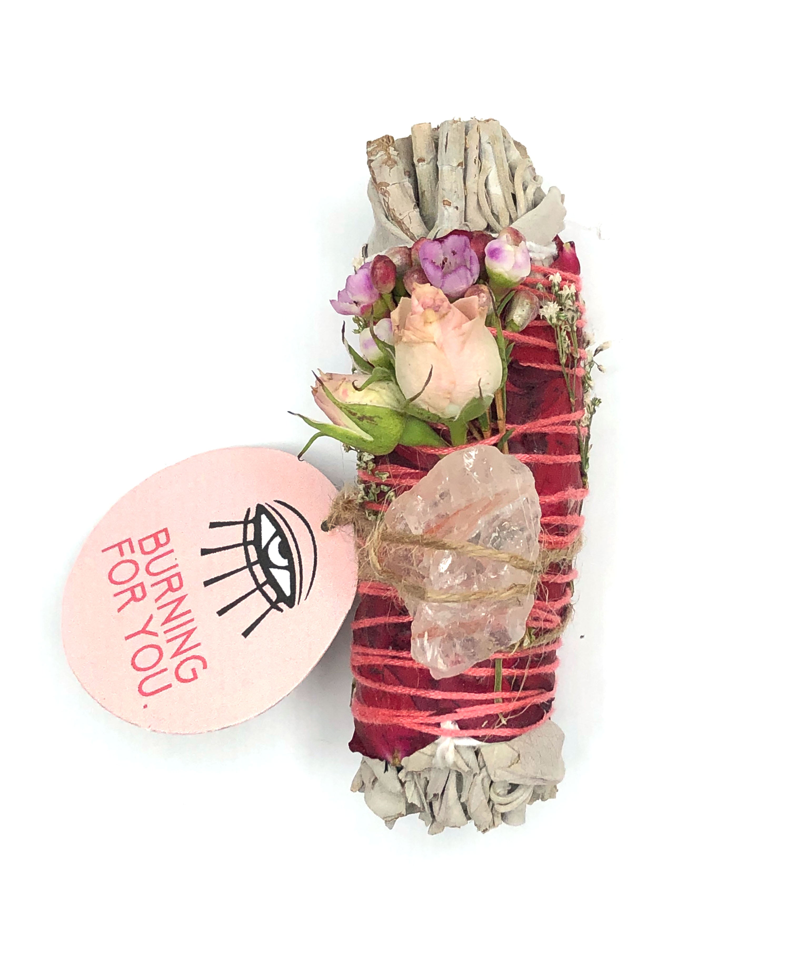 4" white sage bundle wrapped in red rose petal with mini roses and fire quartz crystal to enhance love and passion
