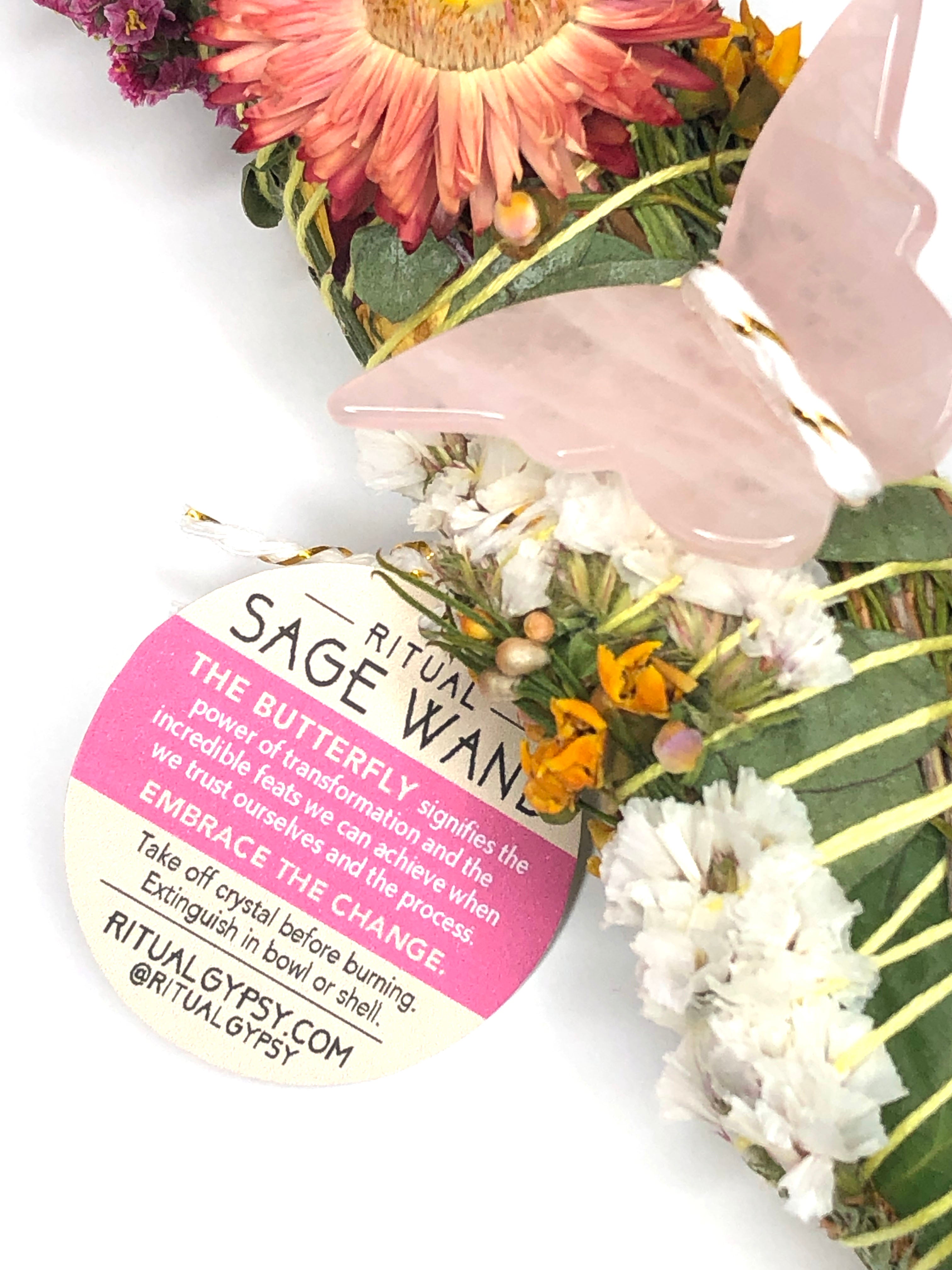 Large 9" white sage bundle wrapped in florals with a pink rose quartz butterfly attached to embrace positive transformative change