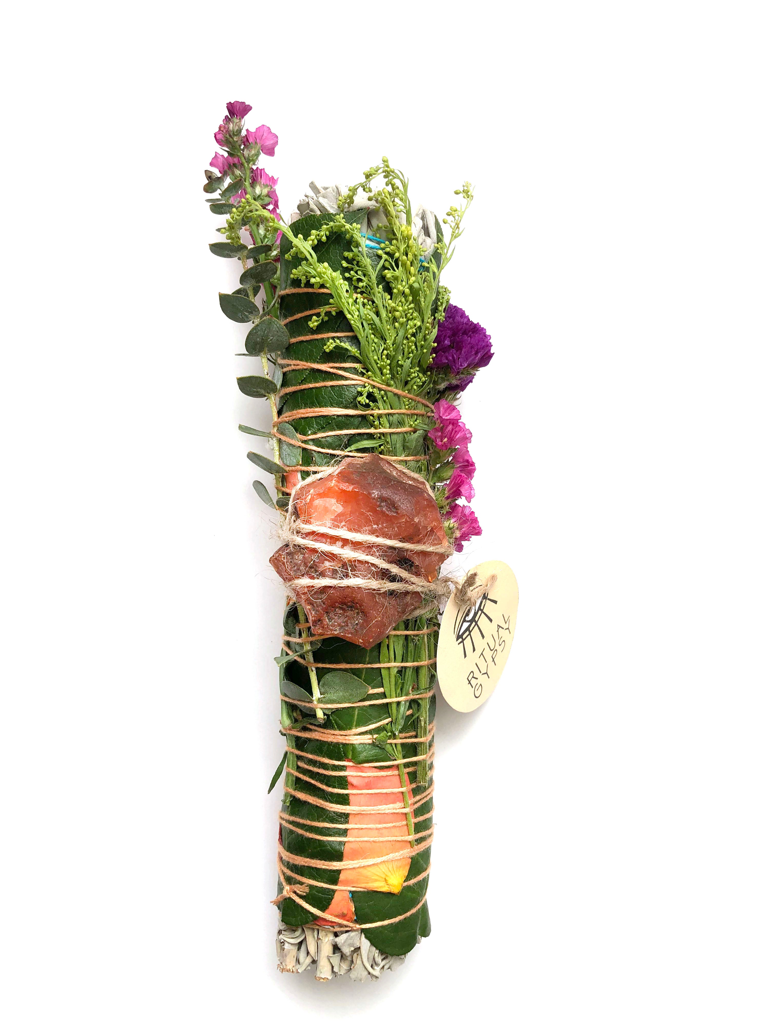 RITUAL SAGE WAND + Carnelian (4"/9")