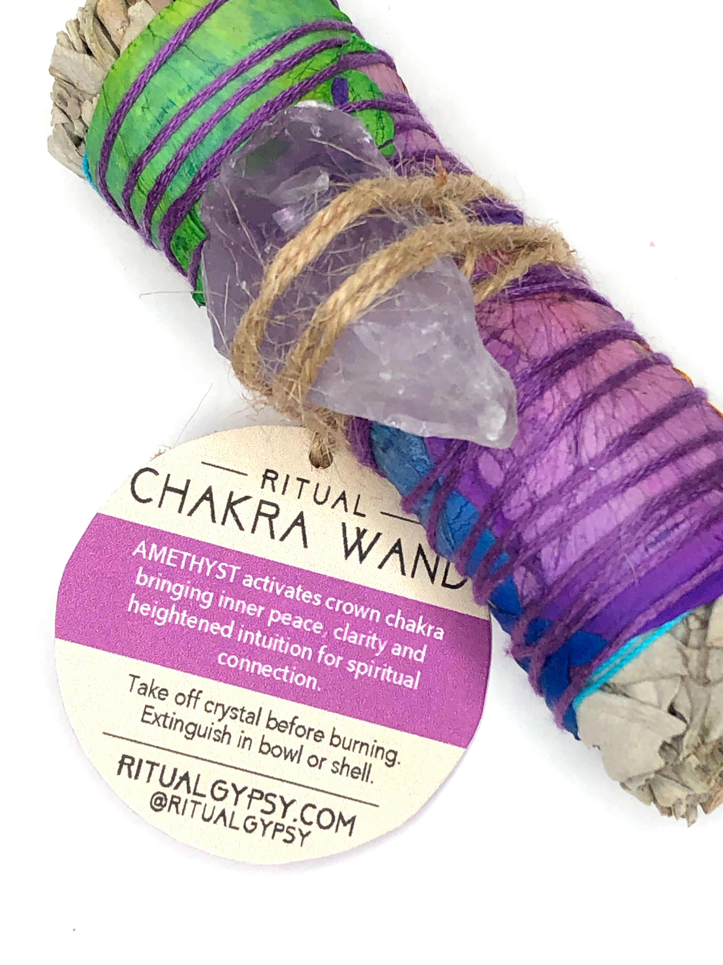 4" white sage smoke cleansing crown chakra smudge bundle wrapped in purple rose petals and amethyst crystal attached