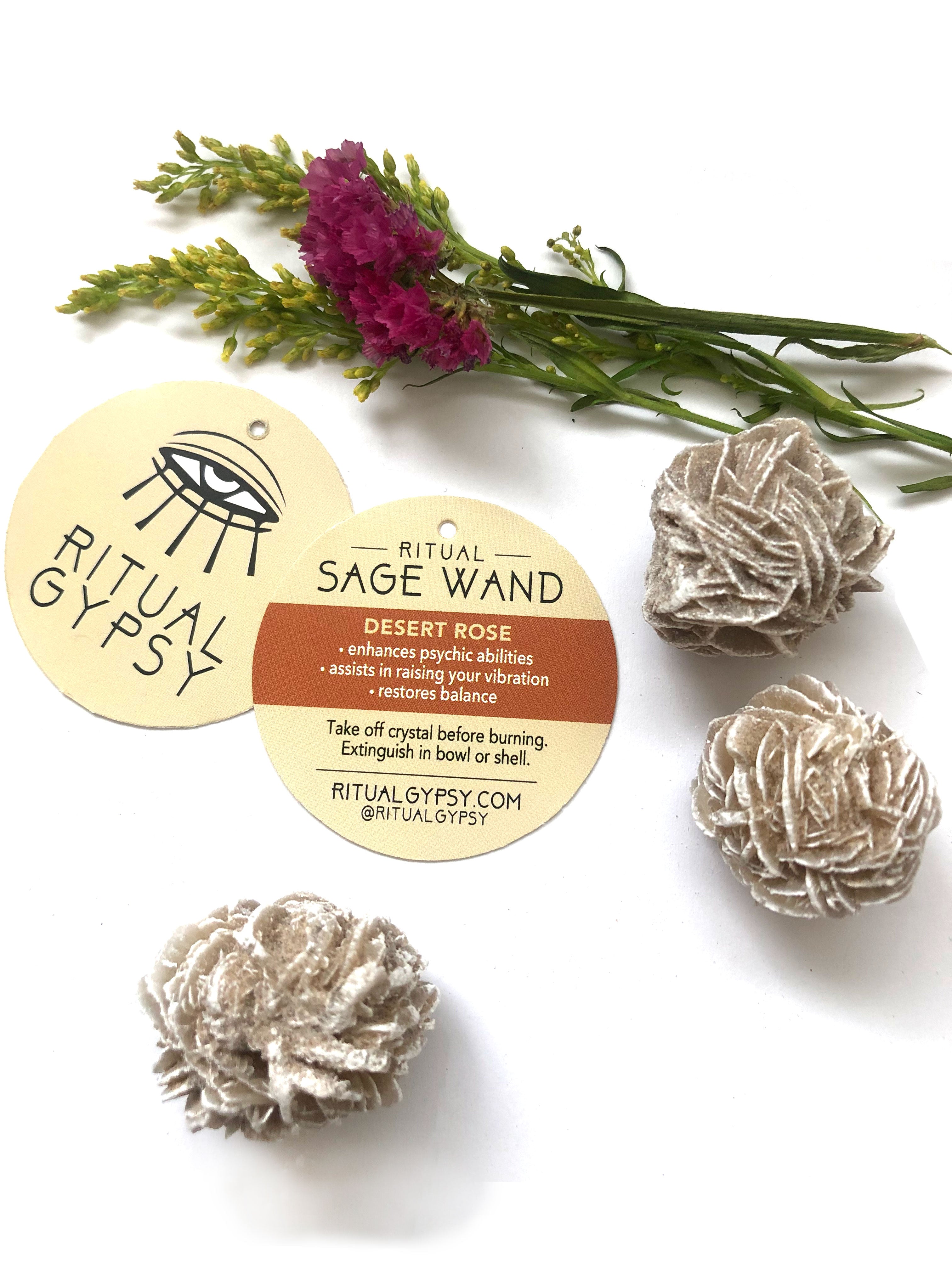 3 round white desert rose crystals and round ritual gypsy product tags on white surface