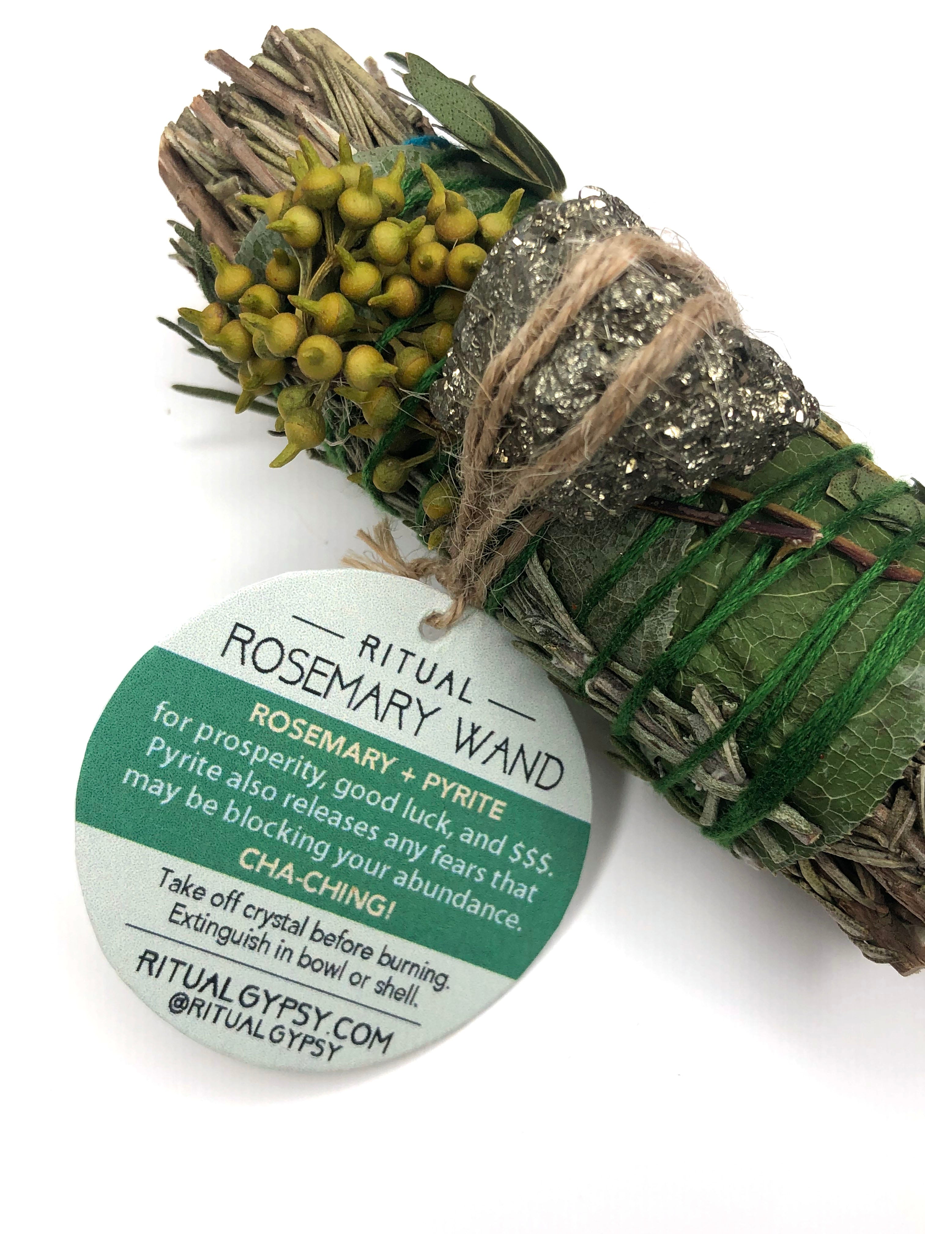 4" rosemary smudge cleansing bundle with eucalyptus and a pyrite crystal to enhance prosperity, good fortune, luck wealth and abundance
