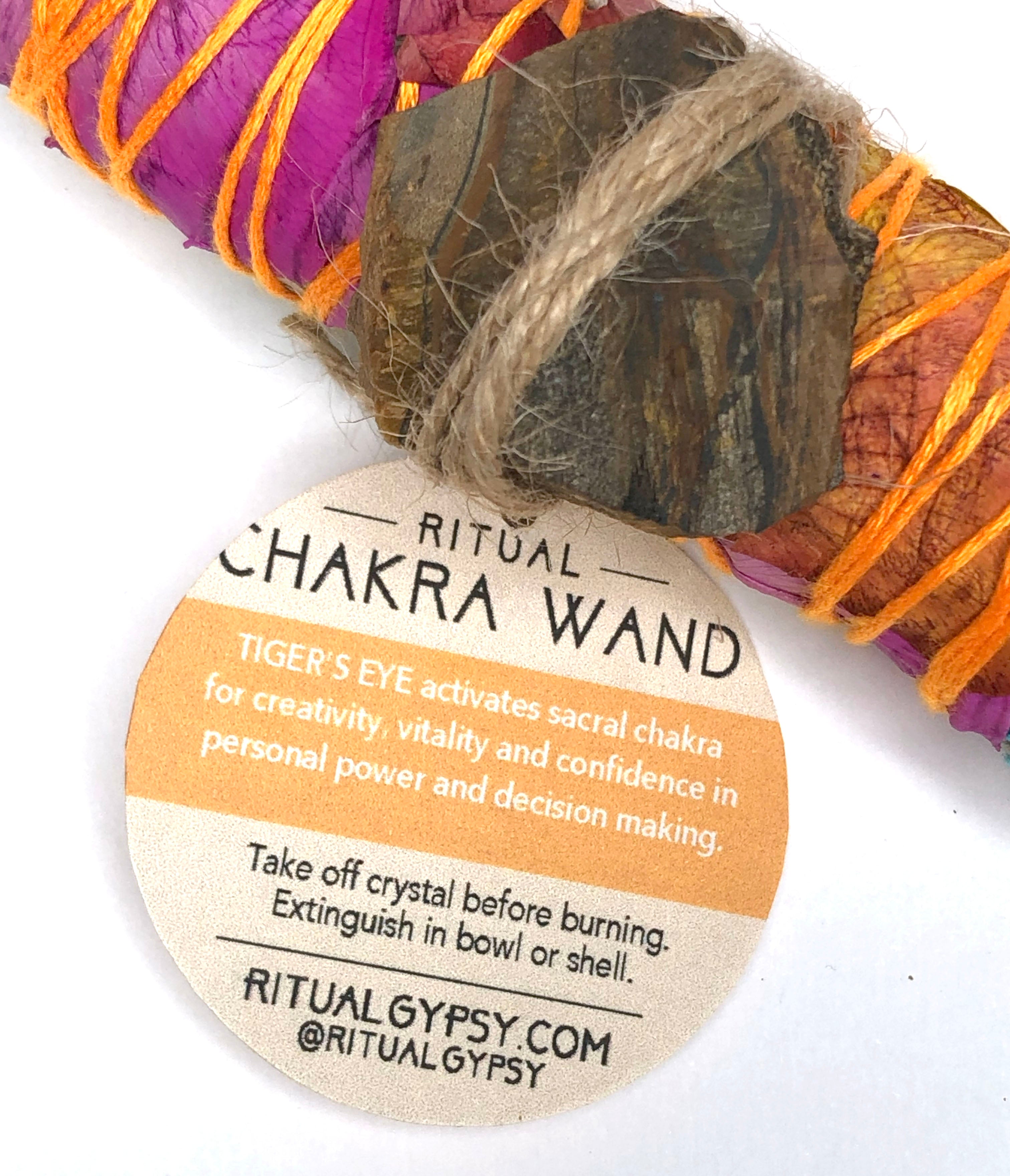 4" white sage smoke cleansing sacral chakra smudge bundle stick wrapped in orange rose petals and with a tiger's eye crystal attached