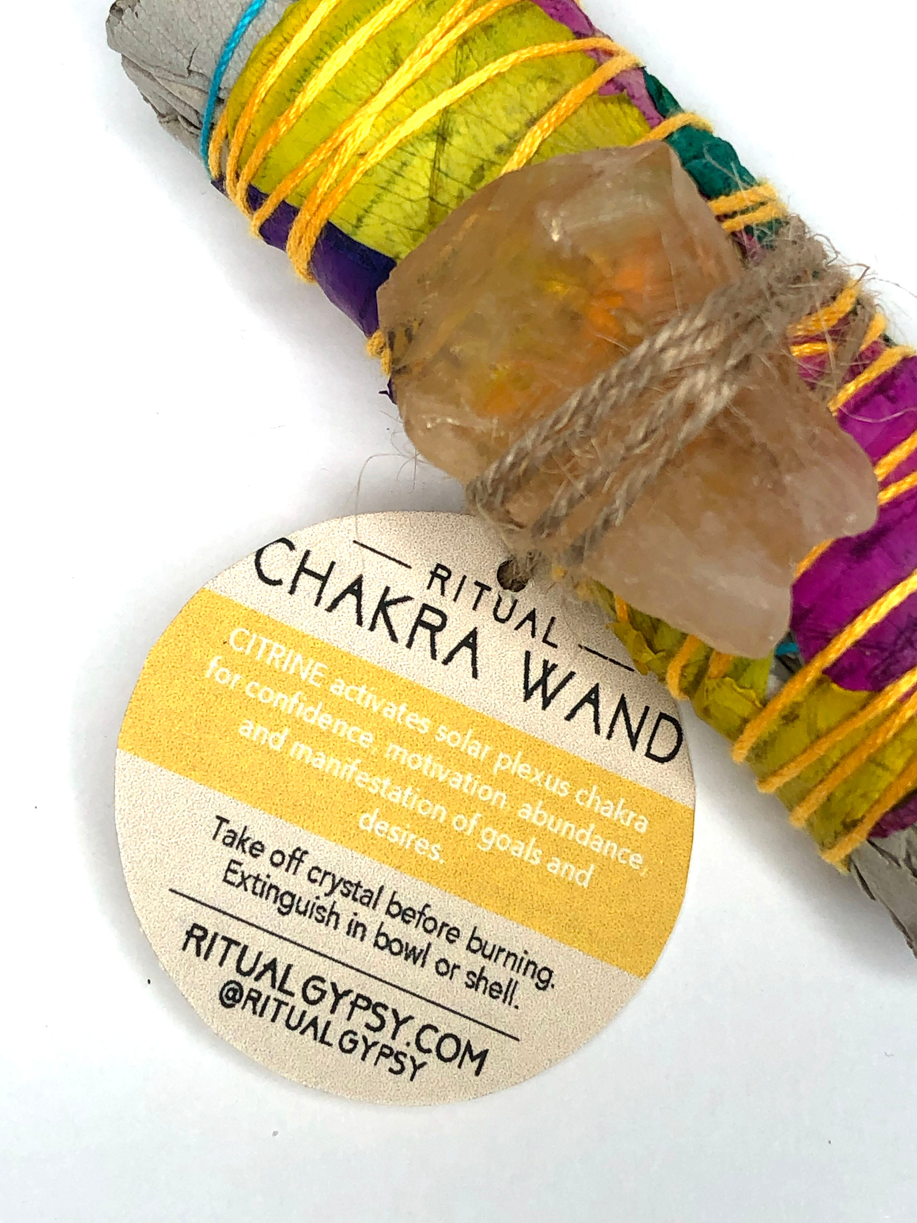 4" white sage ritual chakra smoke cleansing solar plexus chakra smudge bundle wrapped in yellow rose petals and citrine crystal attached