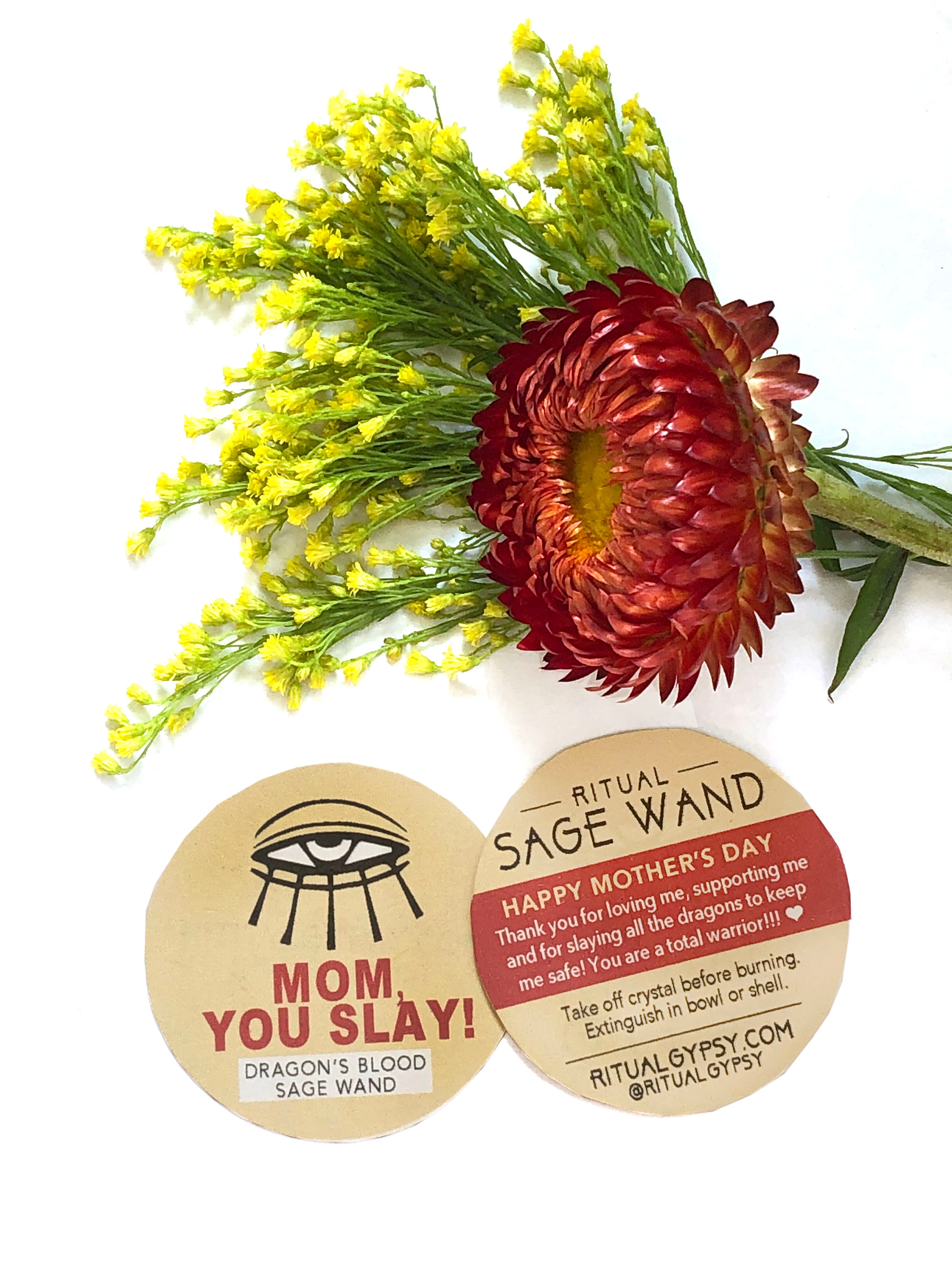 Red Straw flower with yellow flowers and round tag that says Mom, you slay! Dragon's Blood Sage Wand