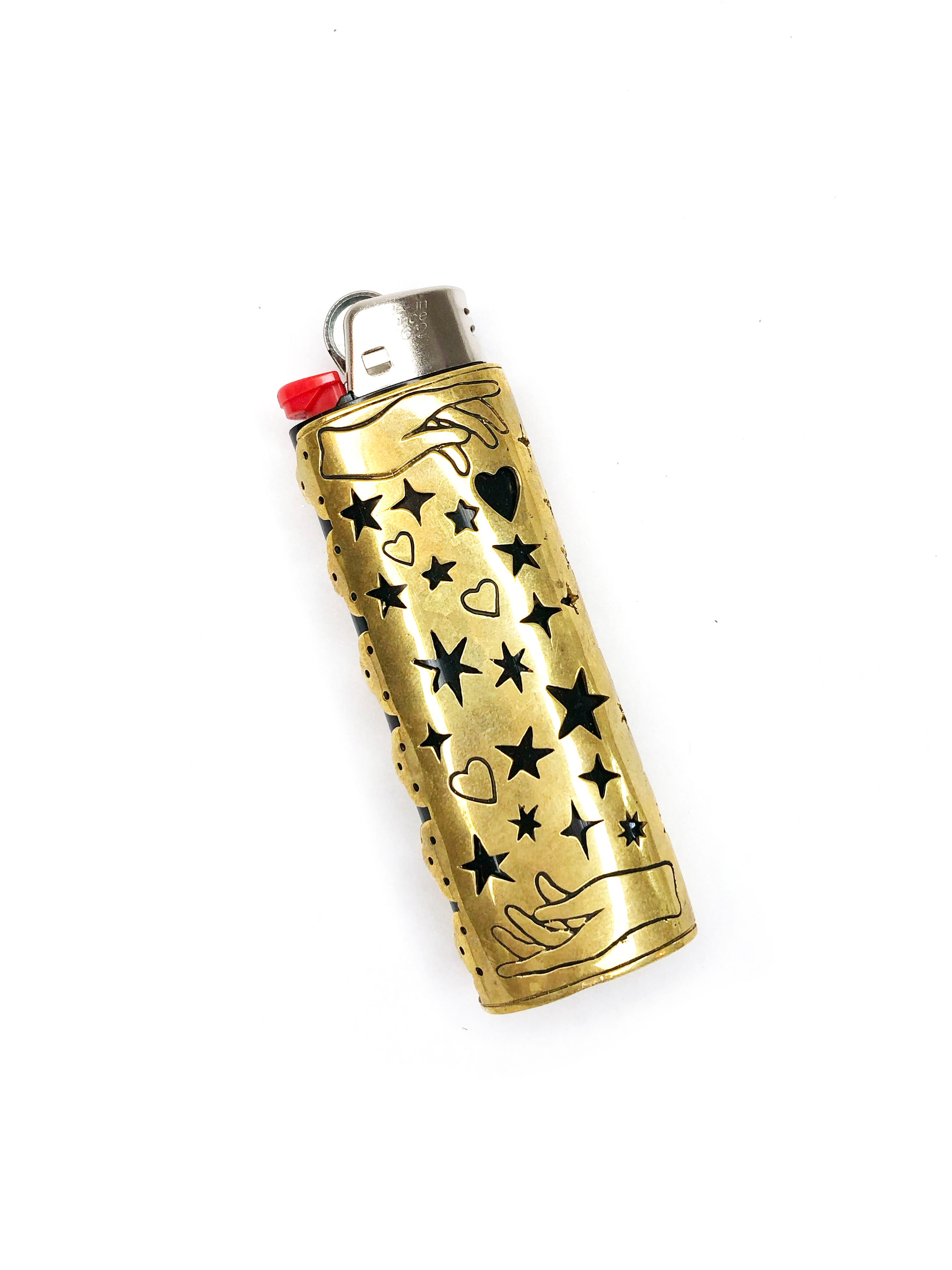brass lighter sleeve with celestial star and heart images to use with BIC lighter 