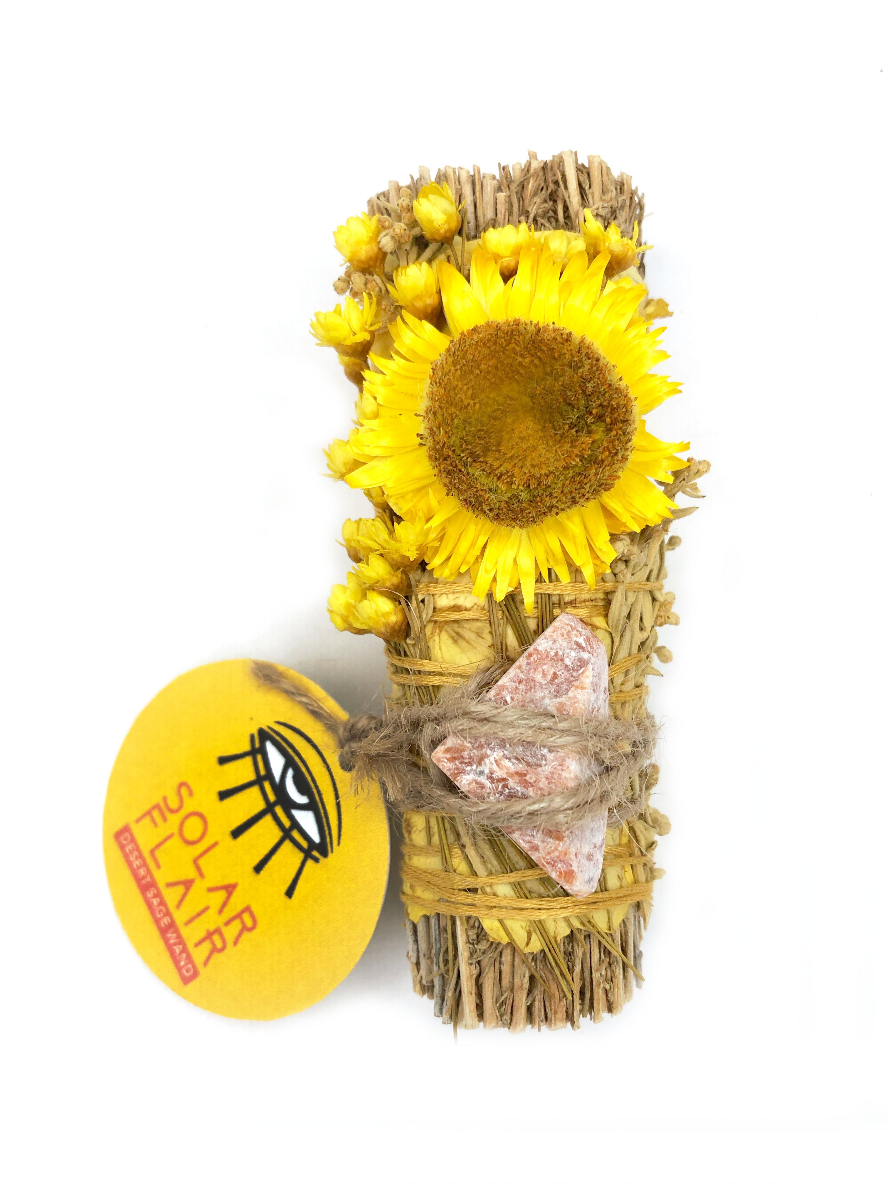 4" solar flair desert sage smoke cleansing smudge bundle stick wrapped in yellow rose petals , yellow strawflower and sunstone crystal attached