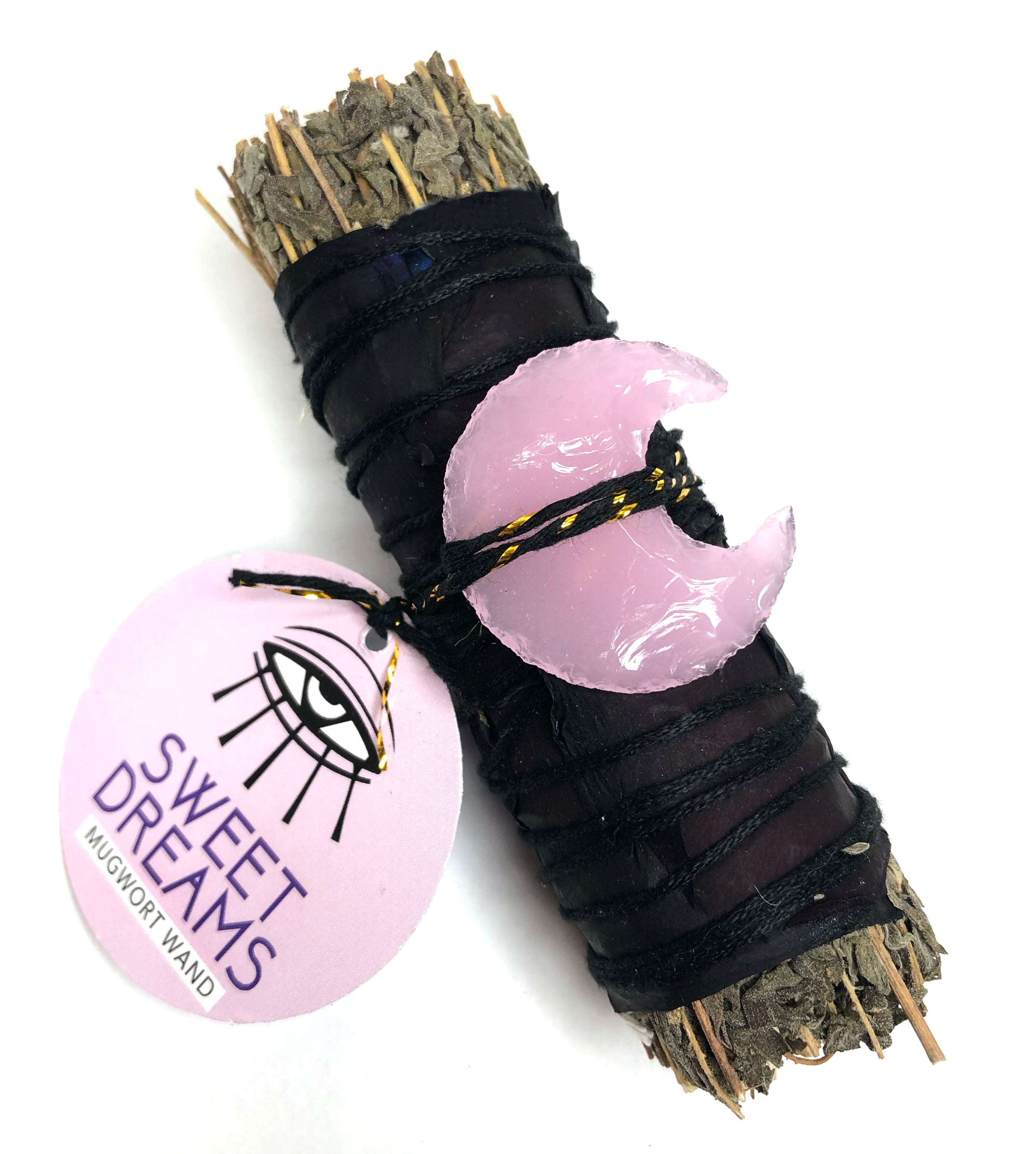 4" mugwort bundle wrapped in black rose petals with a pink crescent shaped moon crystal attached promoting sweet dreams