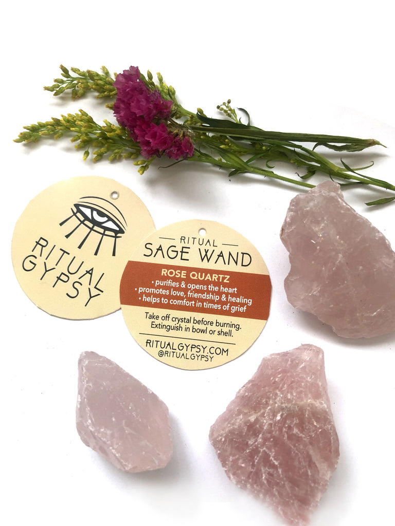 RITUAL SAGE WAND + Rose Quartz (4"/9")